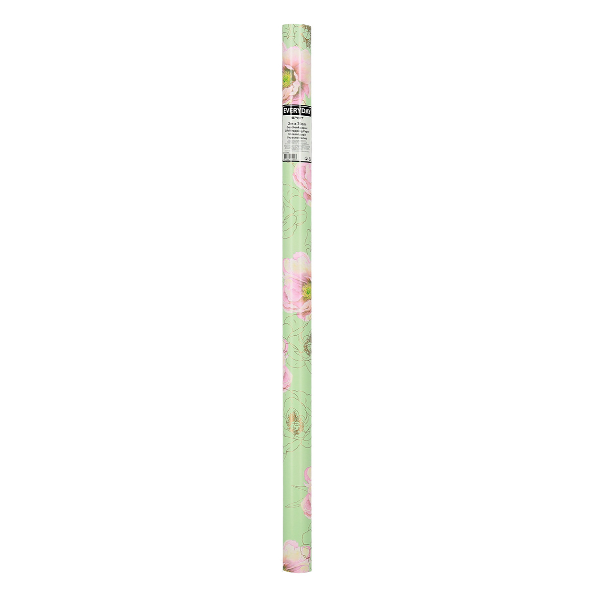 Eine Rolle grünes Geschenkpapier mit rosa Blumenmustern. Auf dem Etikett steht 'EVERYDAY'.
