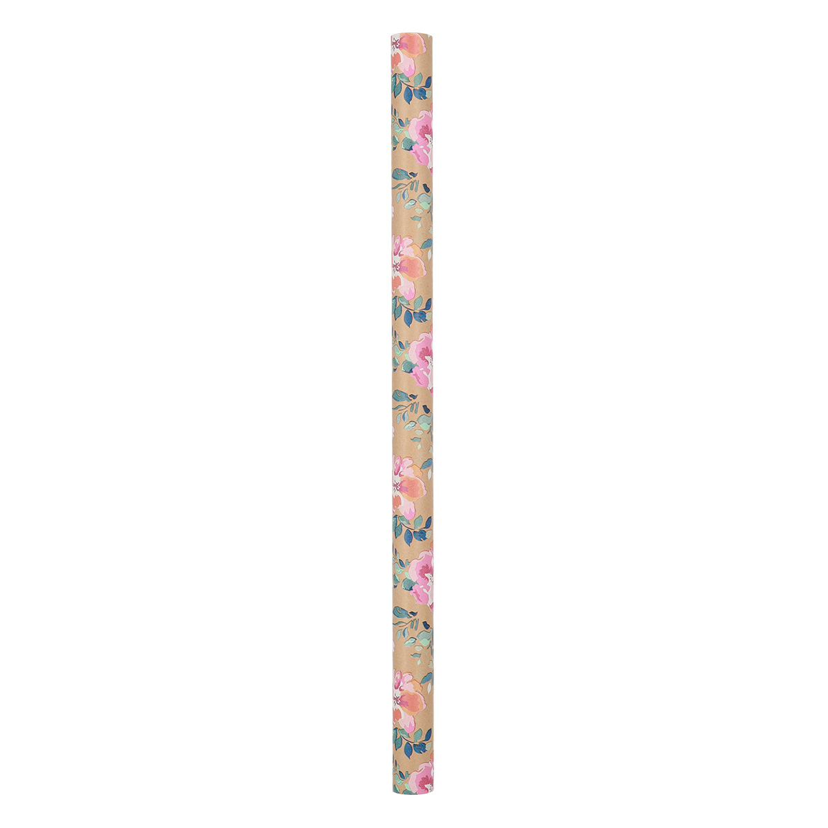 Eine Rolle Geschenkpapier mit Blumenmuster steht senkrecht. Das Papier hat eine braune Basis mit rosa Blumen und grünen Blättern.
