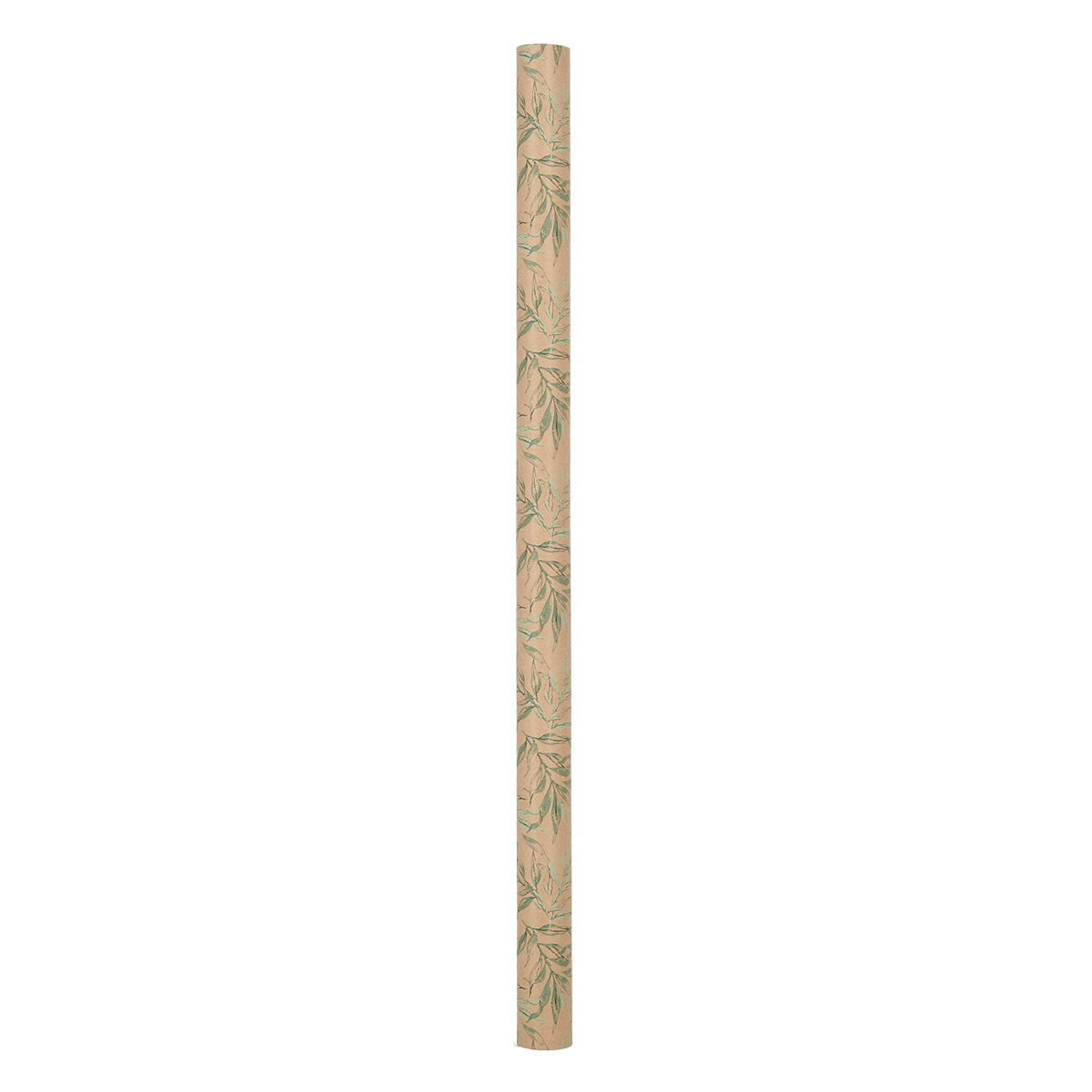 Eine Rolle braunes Geschenkpapier mit einem Muster aus grünen Blättern ist vertikal mittig vor weißem Hintergrund.