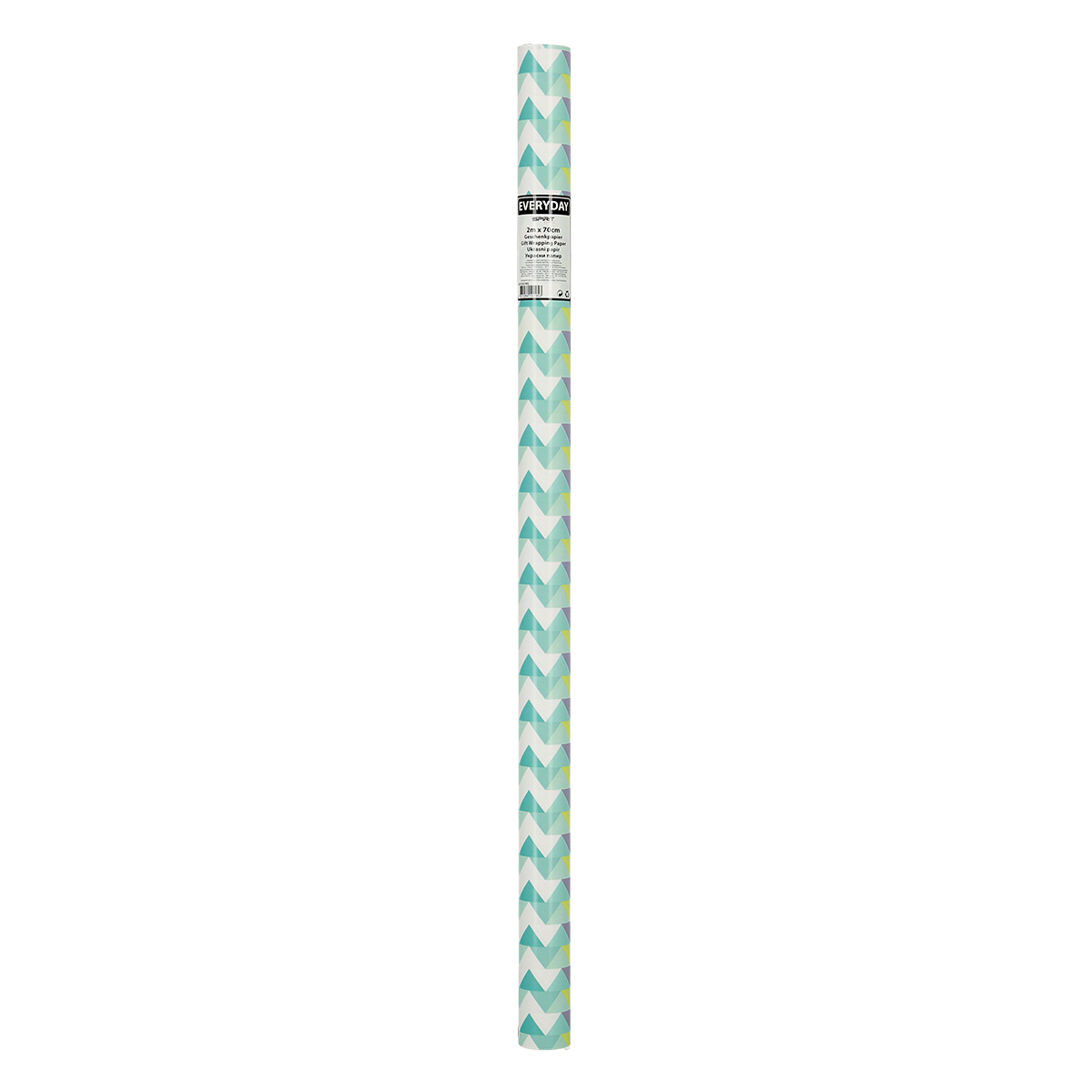 Eine Rolle Geschenkpapier mit Zickzackmuster in Blau-, Grün- und Weißtönen. Oben befindet sich ein Etikett.