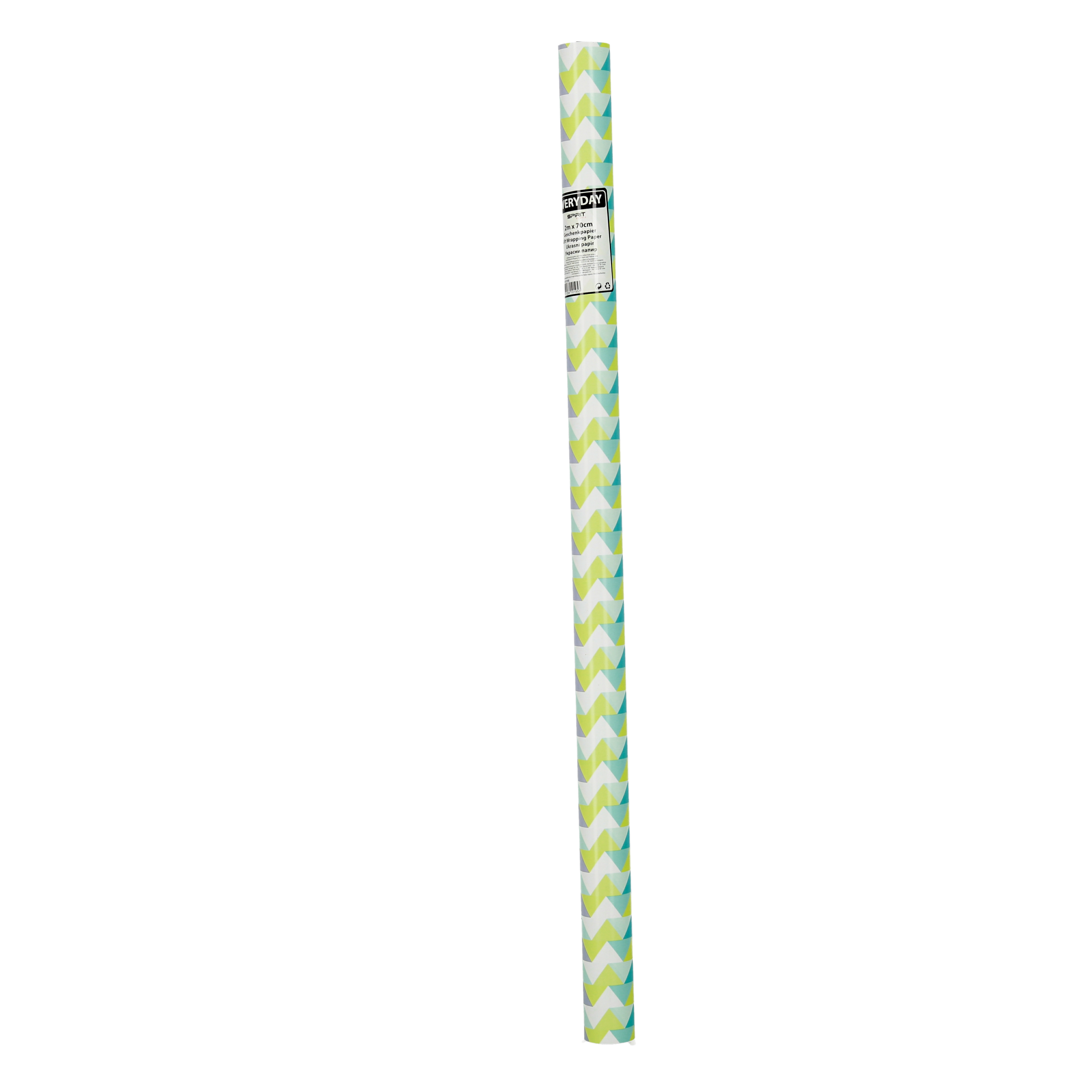 Eine Rolle Geschenkpapier mit weißem, grünem und blauem Zickzackmuster auf schwarzem Hintergrund.