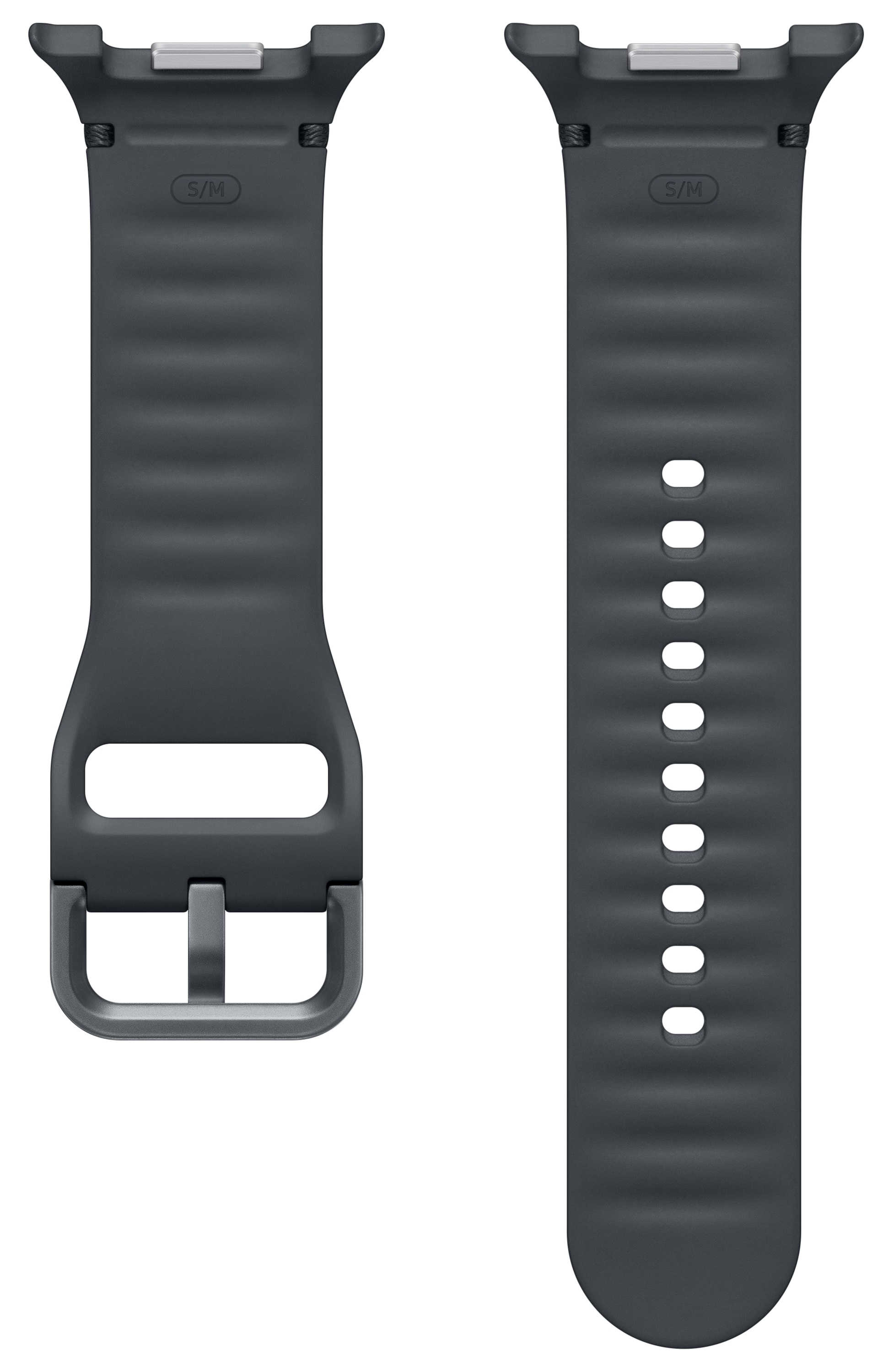 Dwa ciemnoszare paski do zegarków. Jeden ma klamrę, drugi ma dziurki. Oba mają etykiety S/M i są na białym tle.