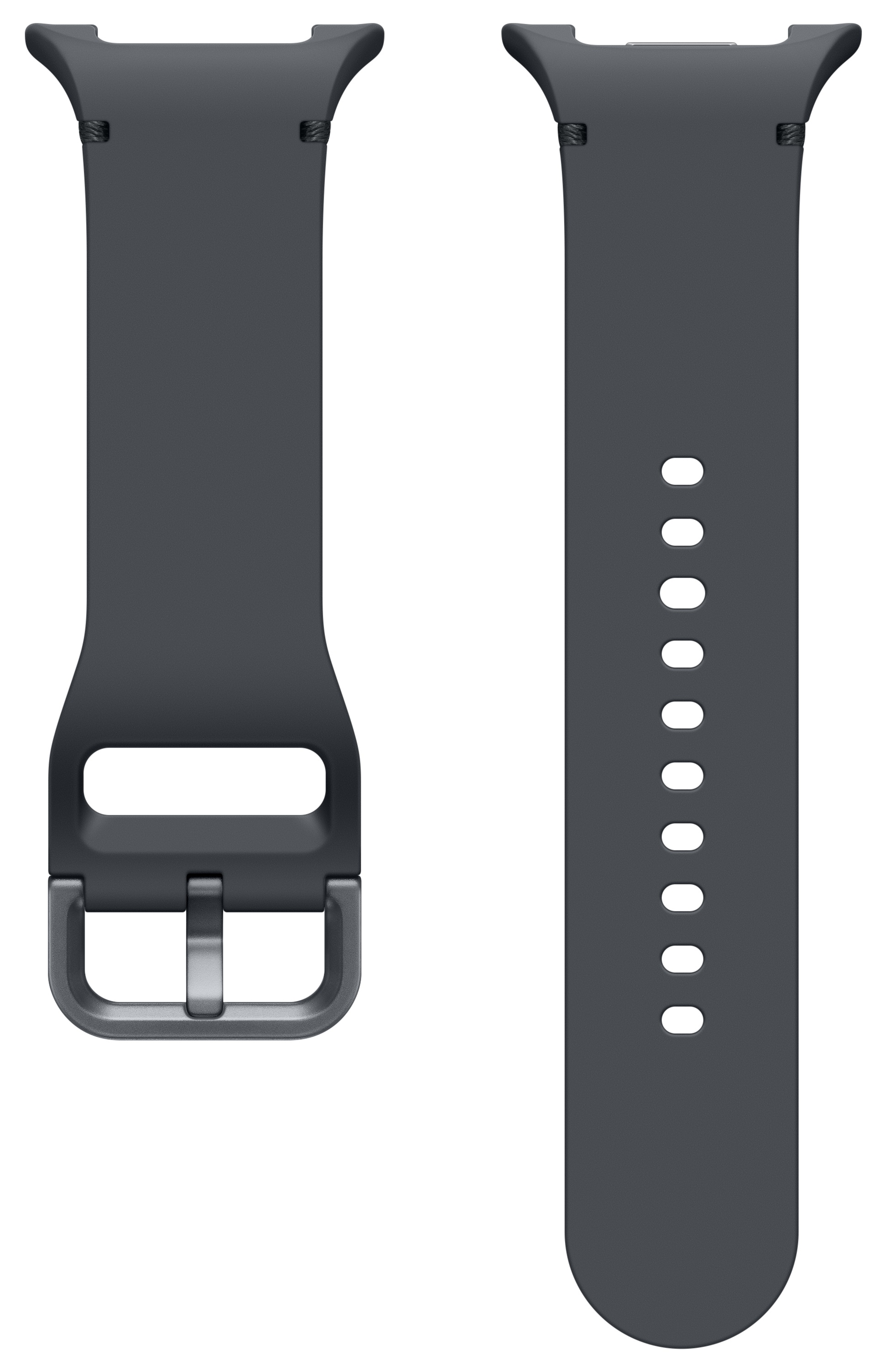 Dwa ciemnoszare paski do zegarka, jeden z klamrą, drugi z otworami do regulacji, na białym tle.