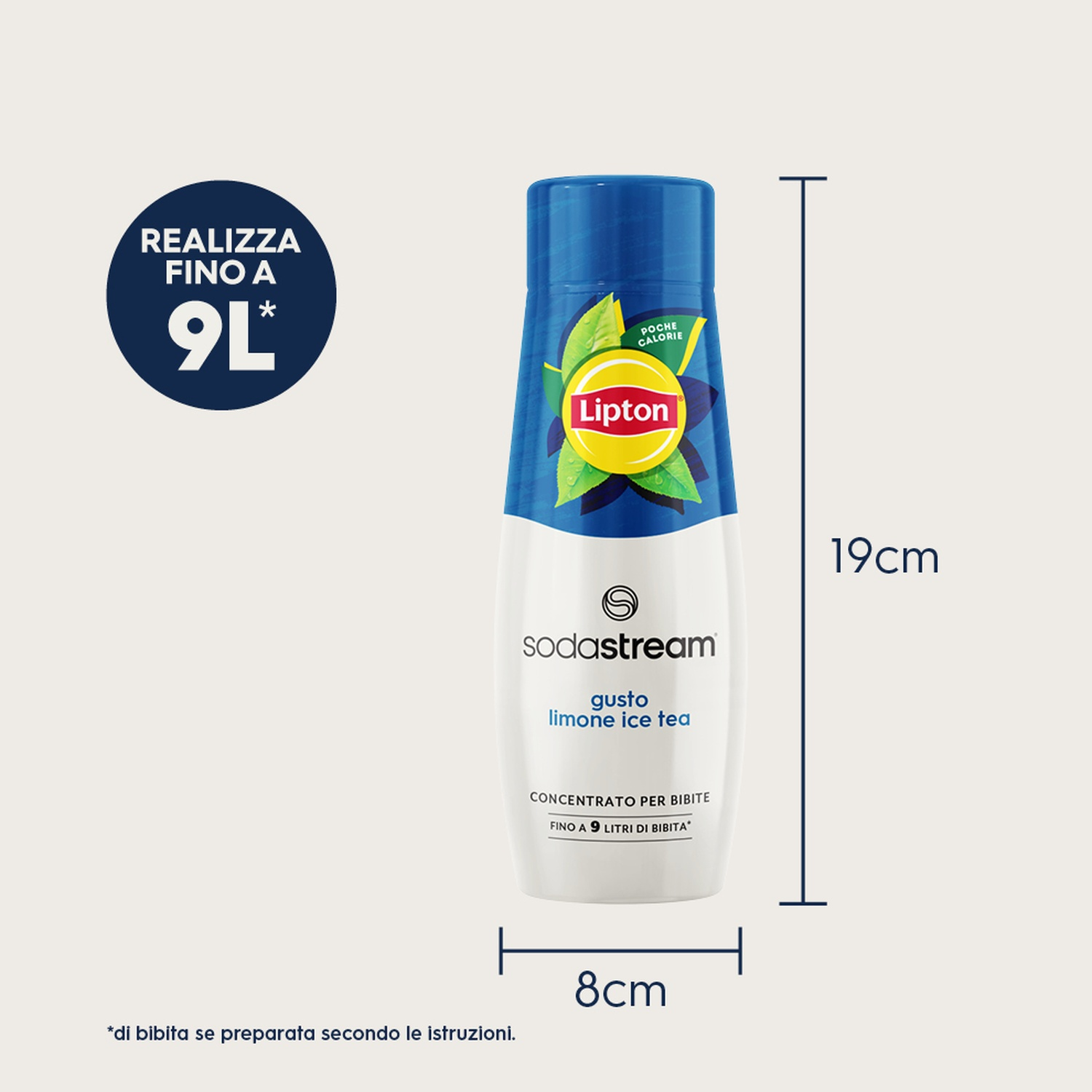 Una bottiglia di tè freddo Lipton con dimensioni etichettate. Ha un tappo blu, un logo Lipton e il testo 'sodastream'.