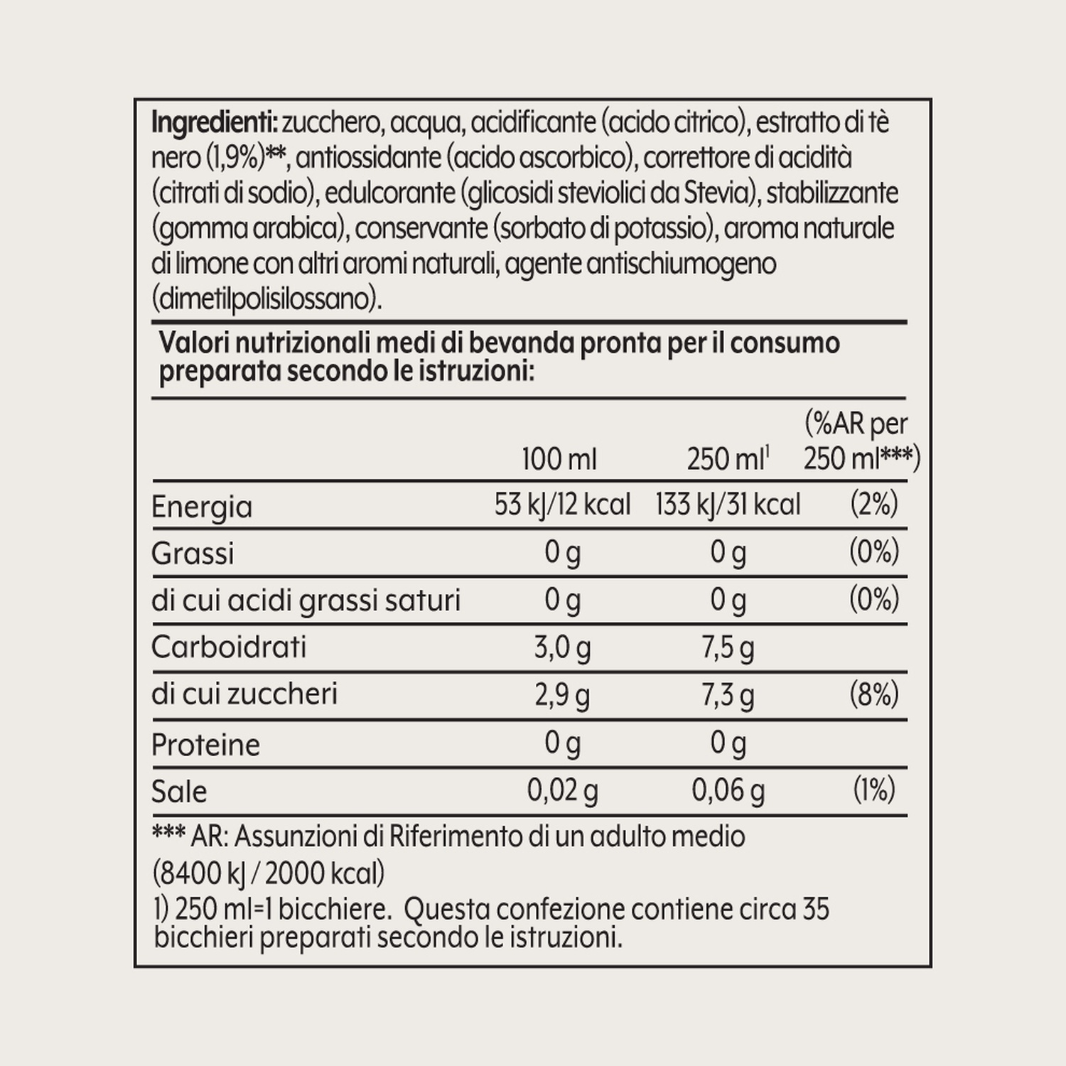 Testo su sfondo bianco. Vengono elencati ingredienti e informazioni nutrizionali per una bevanda.