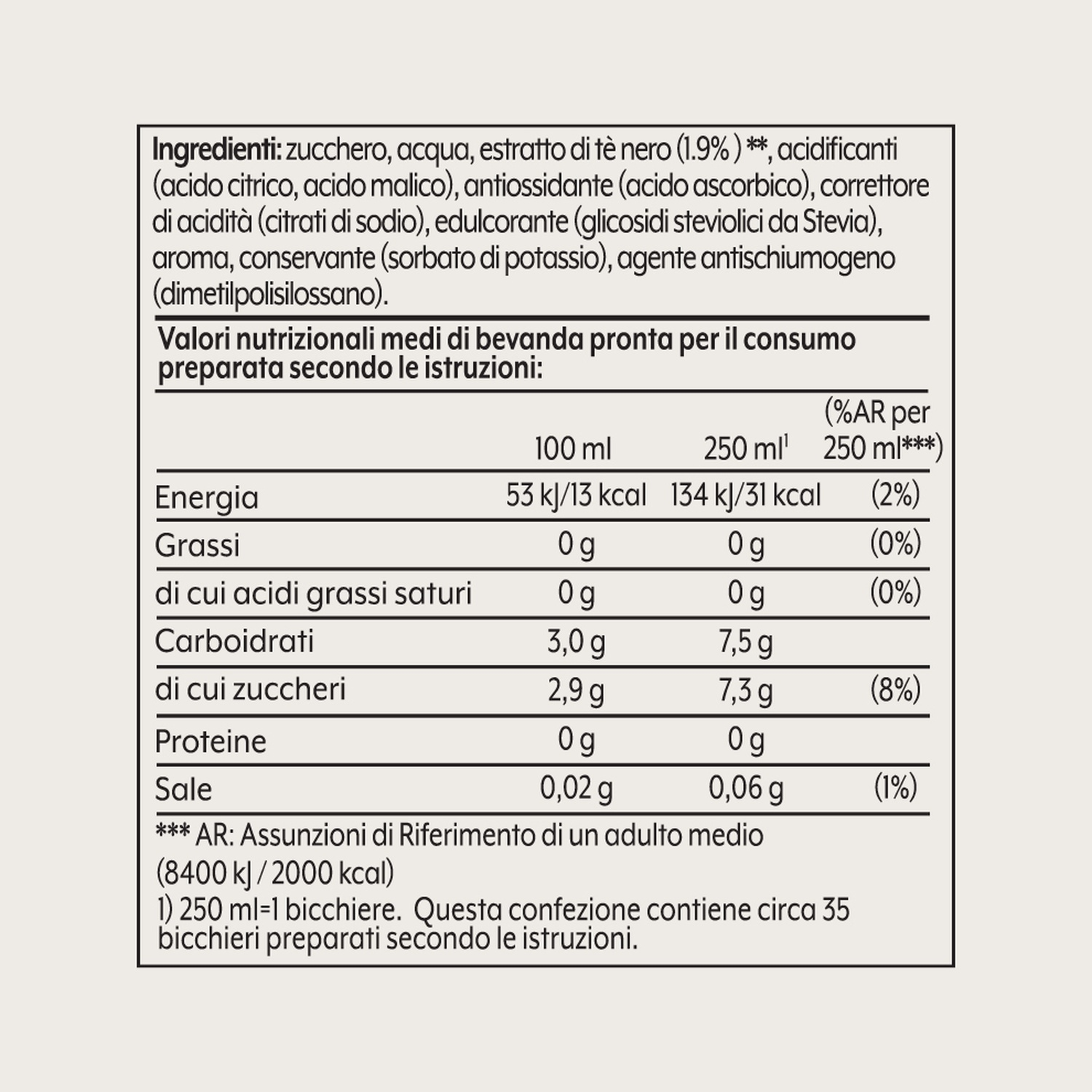 Tabella nutrizionale di una bevanda. Elenca ingredienti, energia, grassi, carboidrati, zuccheri, proteine e sale per porzione.