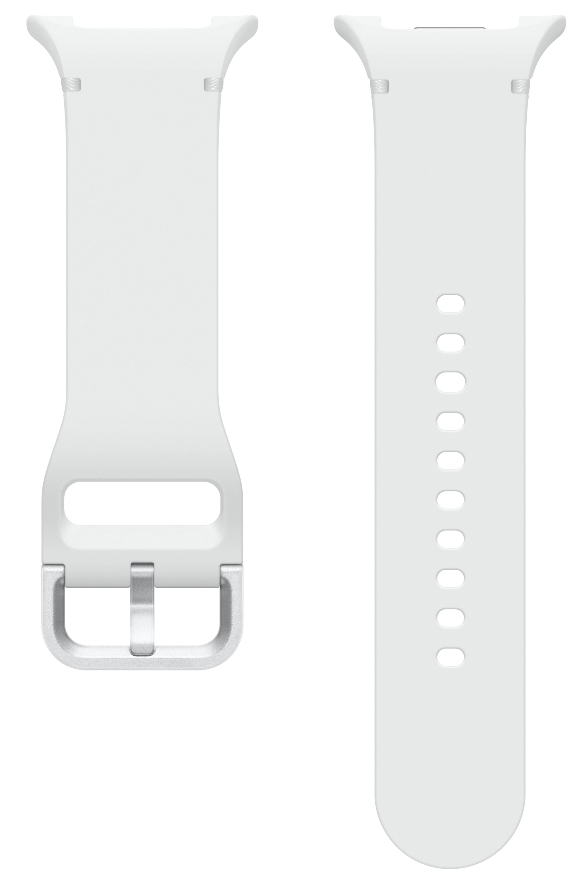 Dwa białe paski do zegarka. Jeden ma klamrę, drugi ma dziurki.