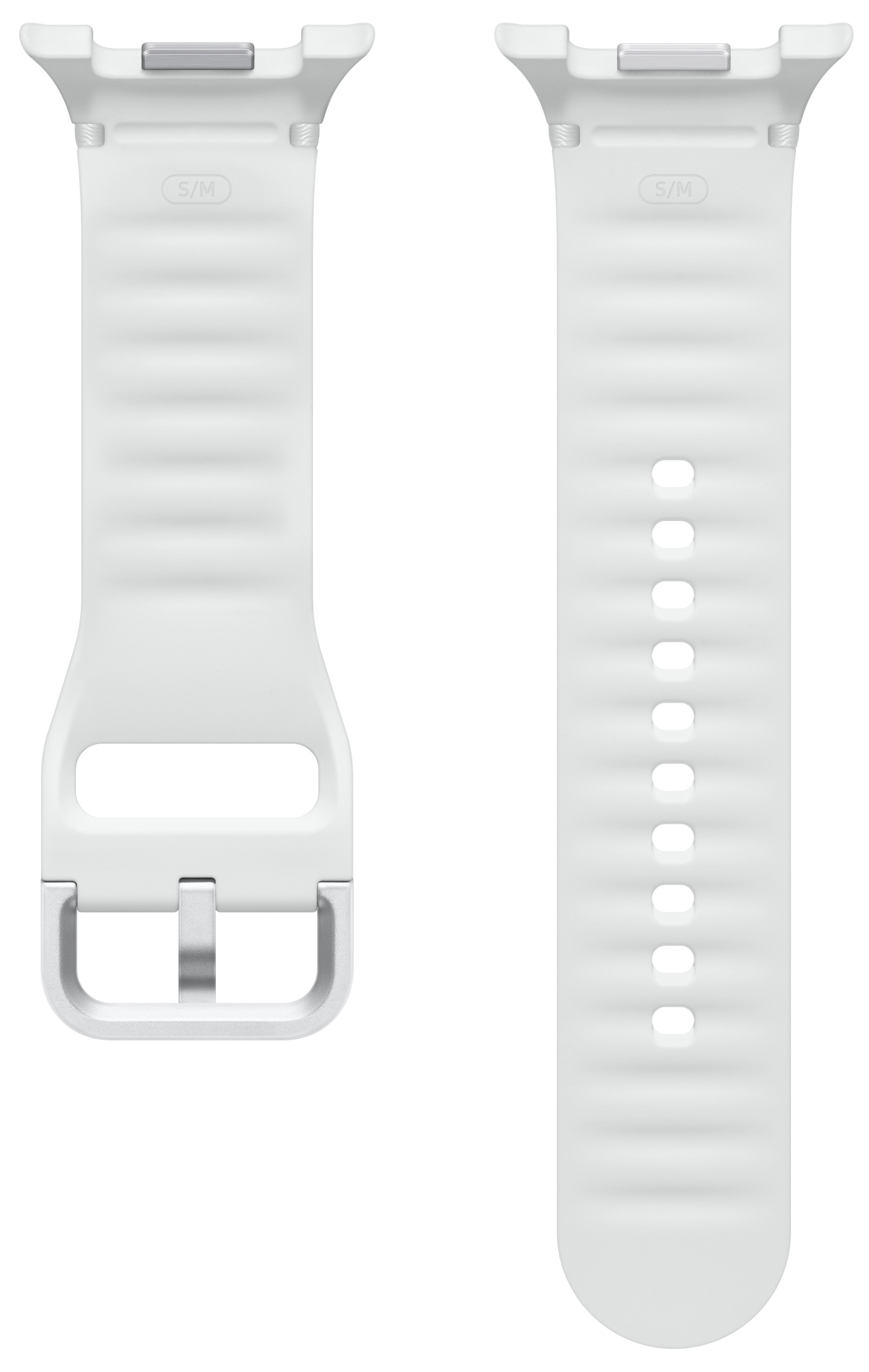 Biały pasek do zegarka z żebrowaną fakturą. Jedna strona ma klamrę, druga otwory do regulacji. Wydrukowane S/M.