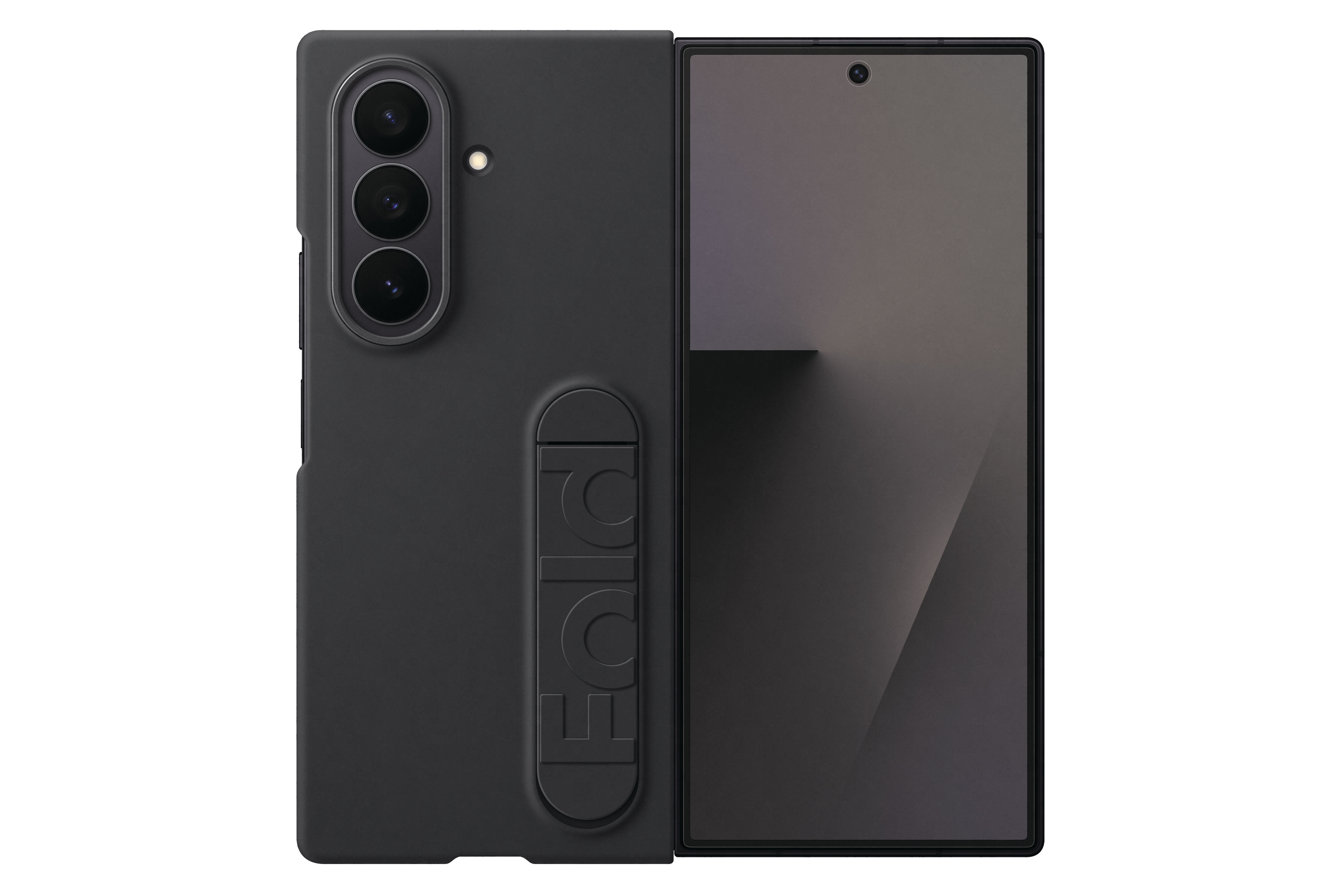 Schwarzes faltbares Telefon mit drei Kameras und einem Bildschirm. Die Hülle hat den geprägten Schriftzug 'FOLDED'. Der Hintergrund ist weiß.