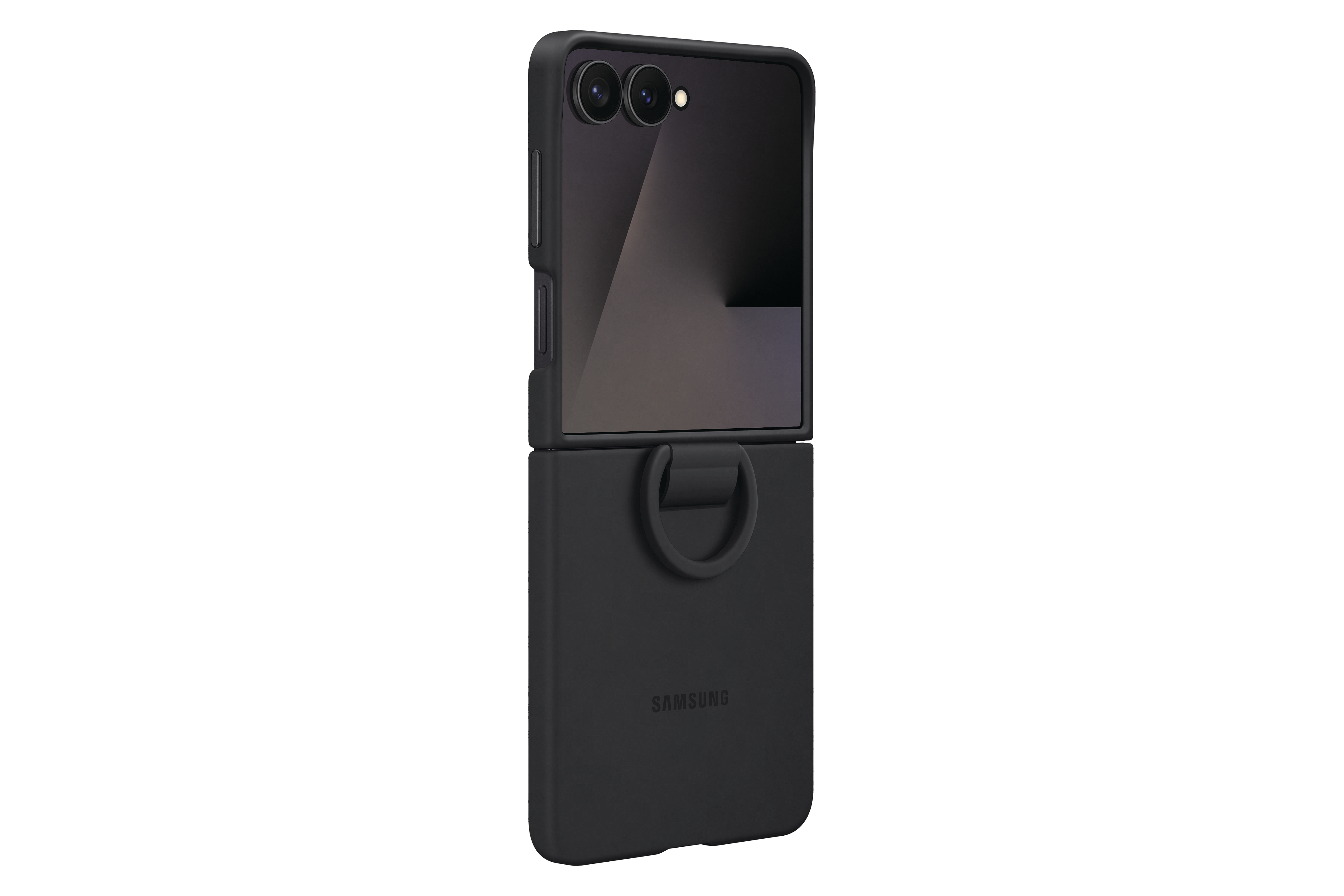 Ein schwarzes Samsung-Telefon ist zusammengeklappt abgebildet. Der untere Teil hat einen Fingergriff. Das Samsung-Logo ist sichtbar.
