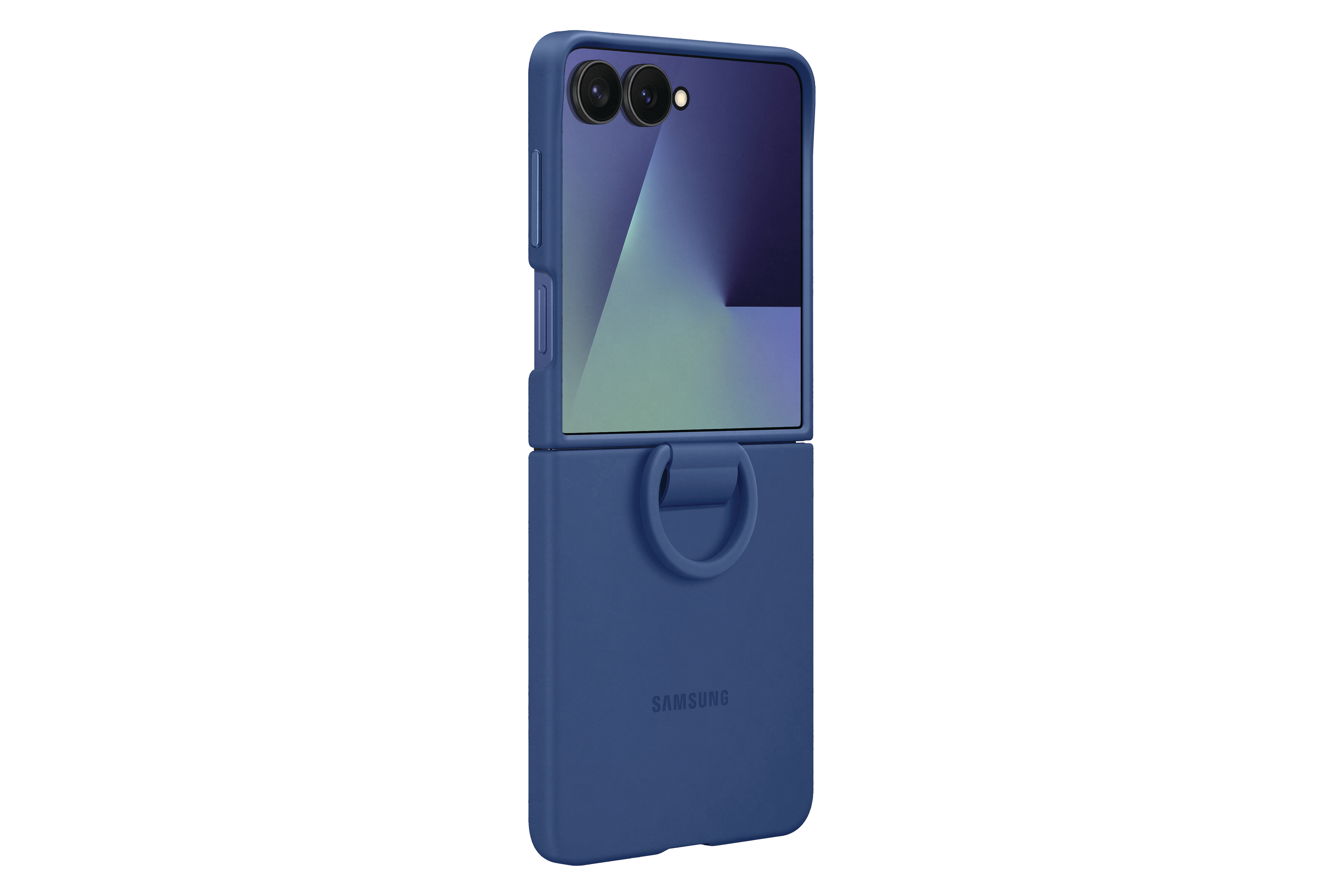 Blaues Samsung-Telefon in einer Hülle, teilweise geöffnet. Die Hülle hat einen Ringgriff. Der Bildschirm zeigt einen Farbverlauf.
