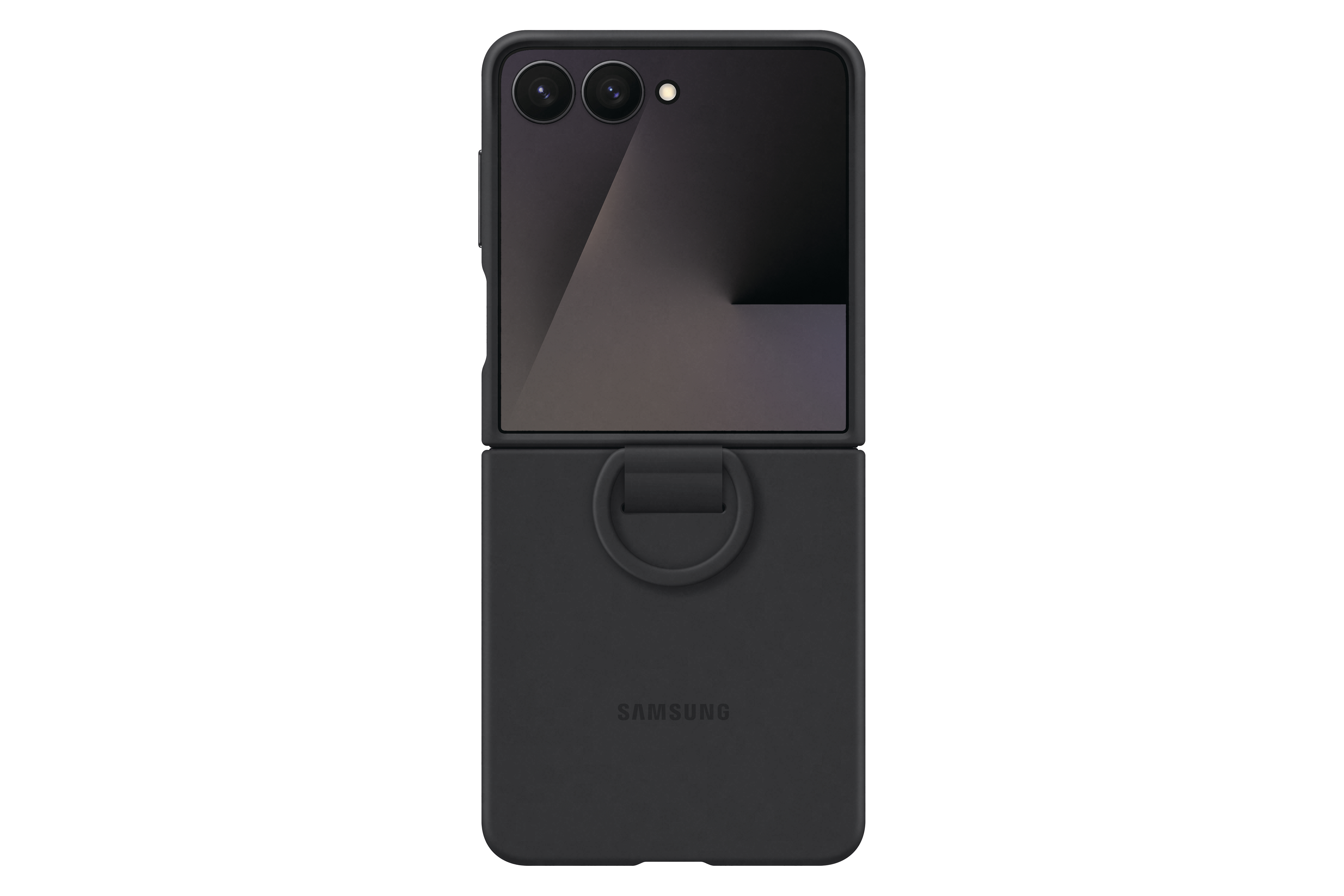 Eine offene, schwarze Samsung-Telefonhülle. Der obere Teil hat Kameralinsen. Der untere Teil hat einen Ring und ein Samsung-Logo.