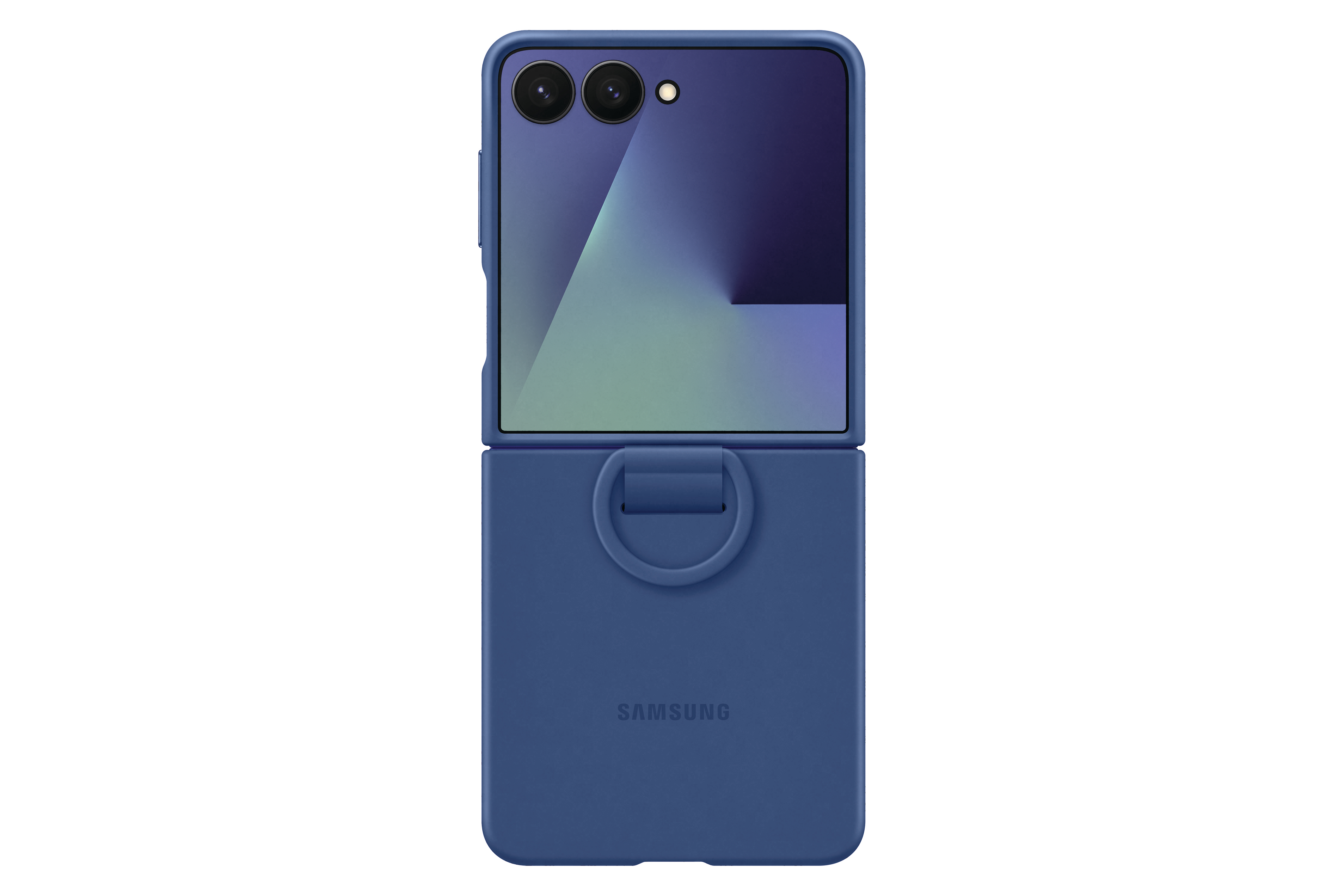 Blaues, faltbares Telefon in einer blauen Hülle. Das Telefon ist geöffnet. Der Bildschirm hat blaue und grüne Farbverläufe.