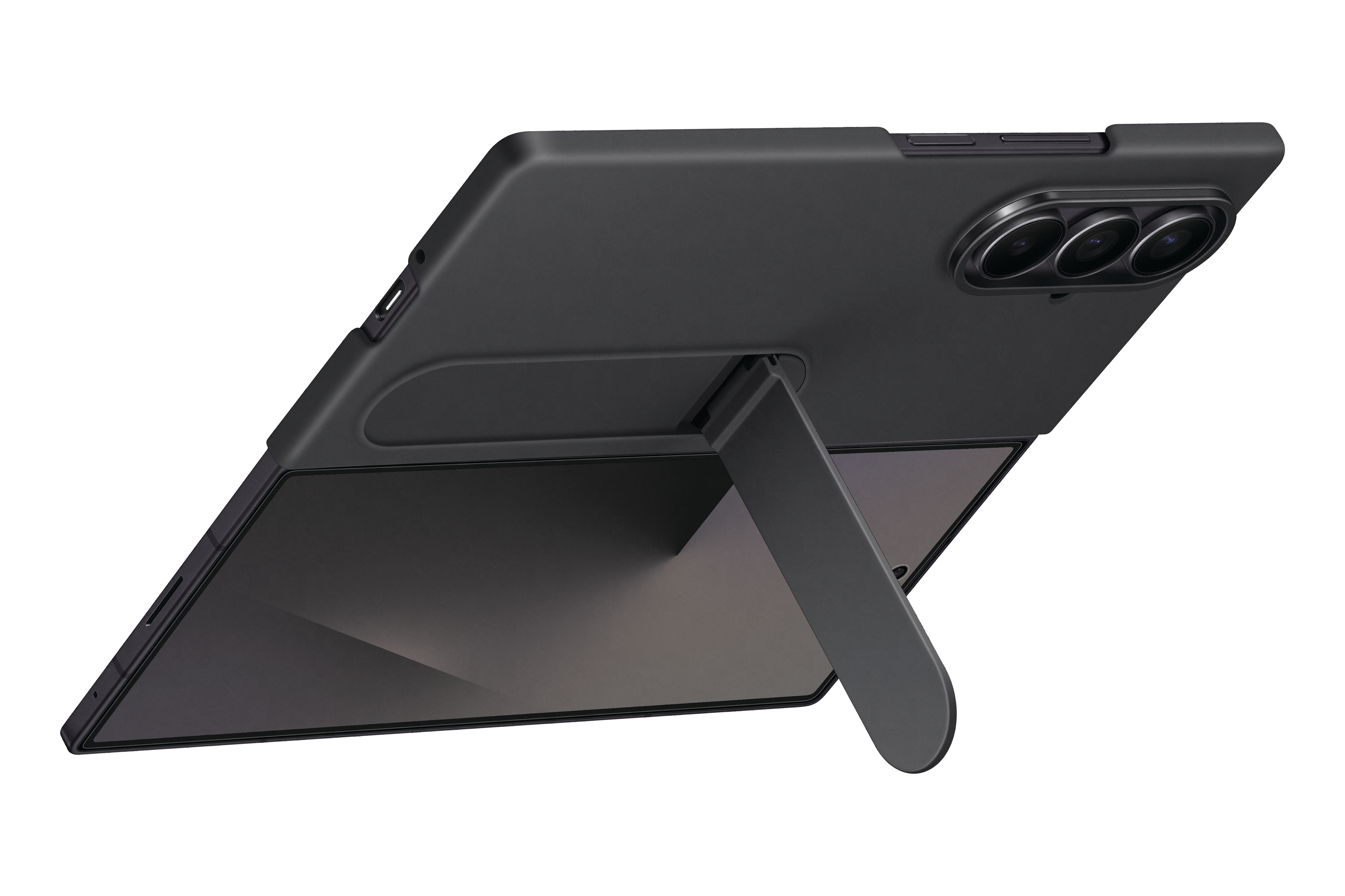 Ein schwarzes Tablet mit Ständer ist abgewinkelt. Es hat drei Kameralinsen. Der Ständer stützt das Tablet.