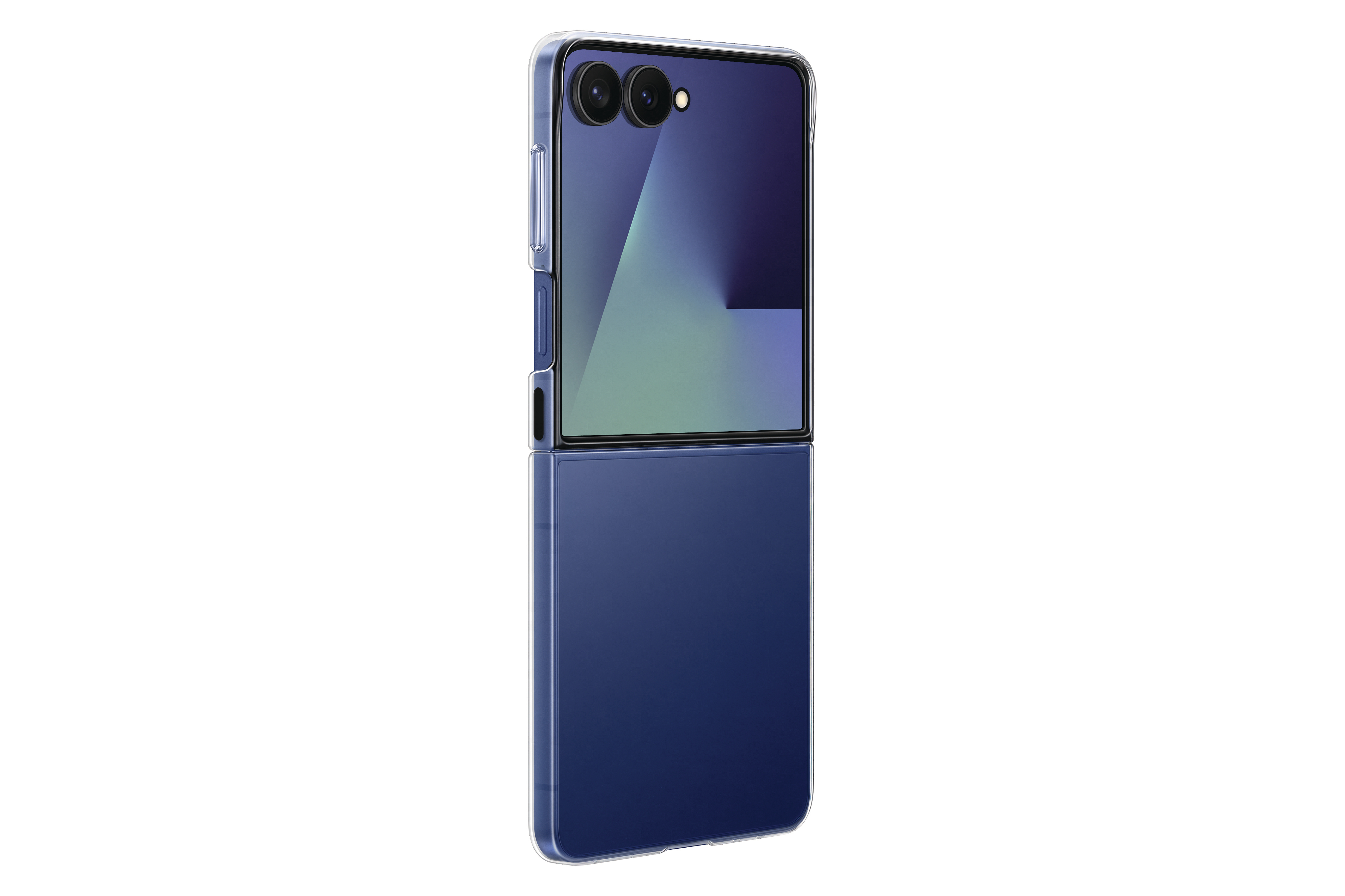 Ein blaues, faltbares Smartphone in einer durchsichtigen Hülle wird gezeigt. Der Bildschirm ist halb geöffnet.
