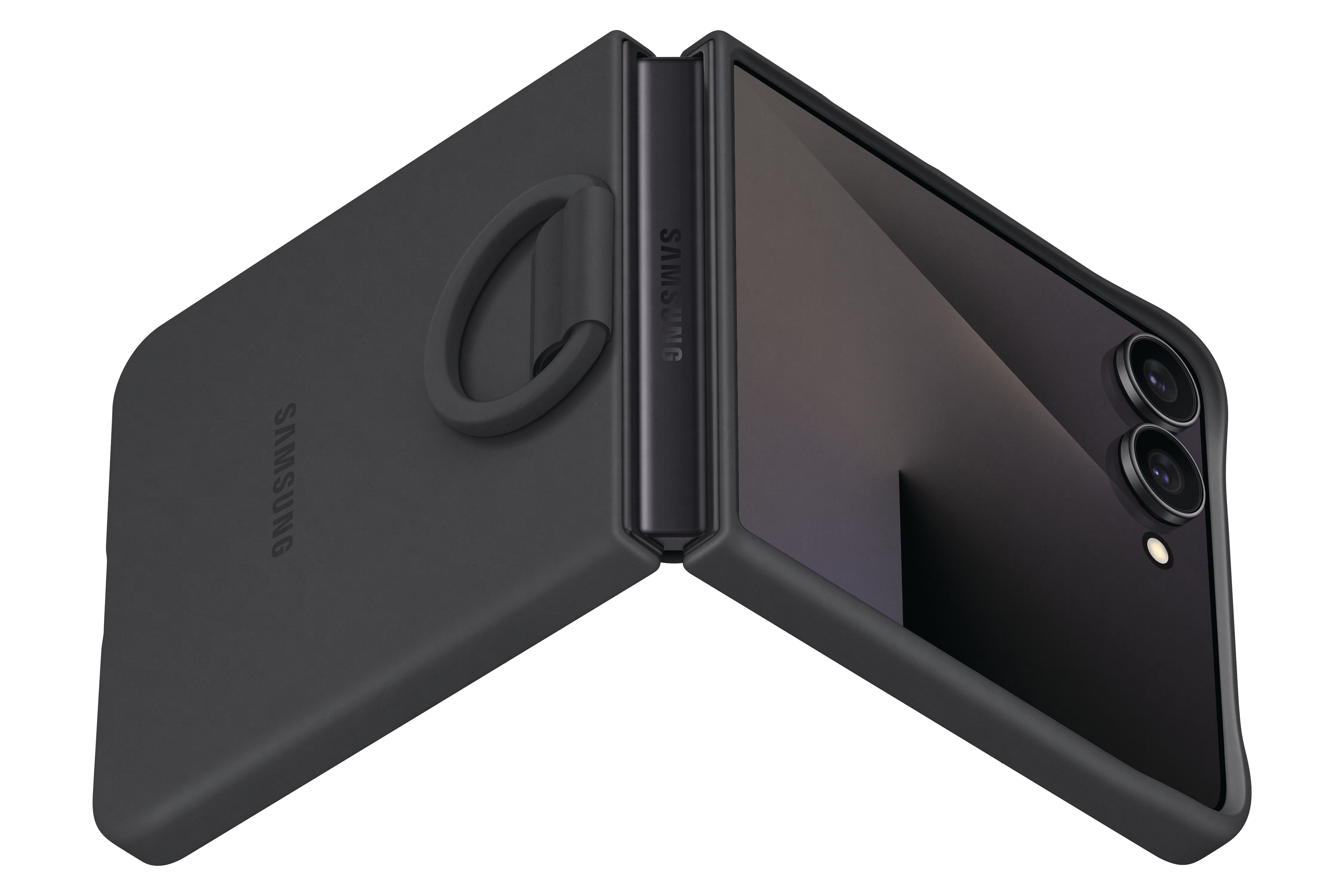 Schwarze Handyhülle mit Ringhalterung, teilweise zusammengeklappt. Samsung-Logo sichtbar. Telefon mit Kamera sichtbar.