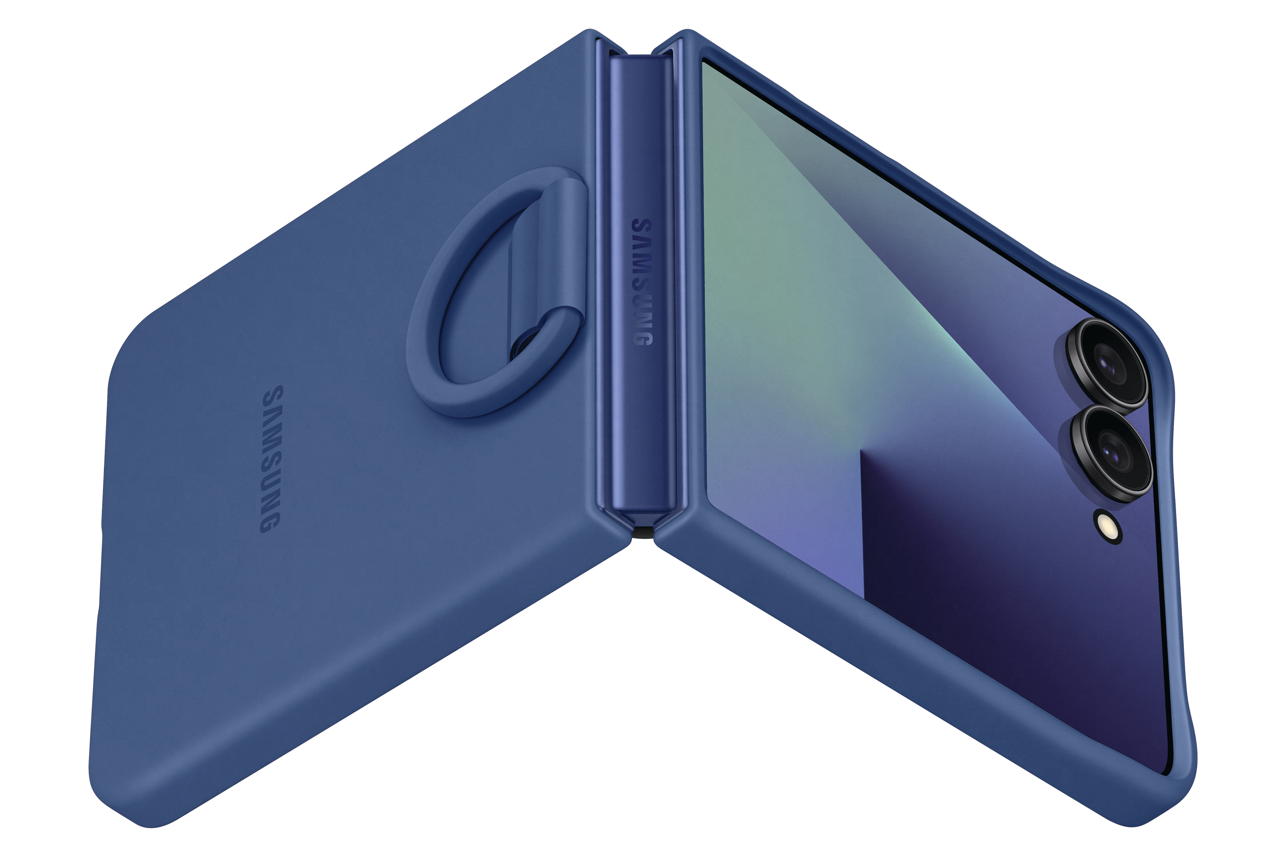 Ein blaues Samsung-Handy, aufgeklappt. Der Bildschirm zeigt einen Farbverlauf von Blau und Grün. Das Gehäuse hat einen Ring.