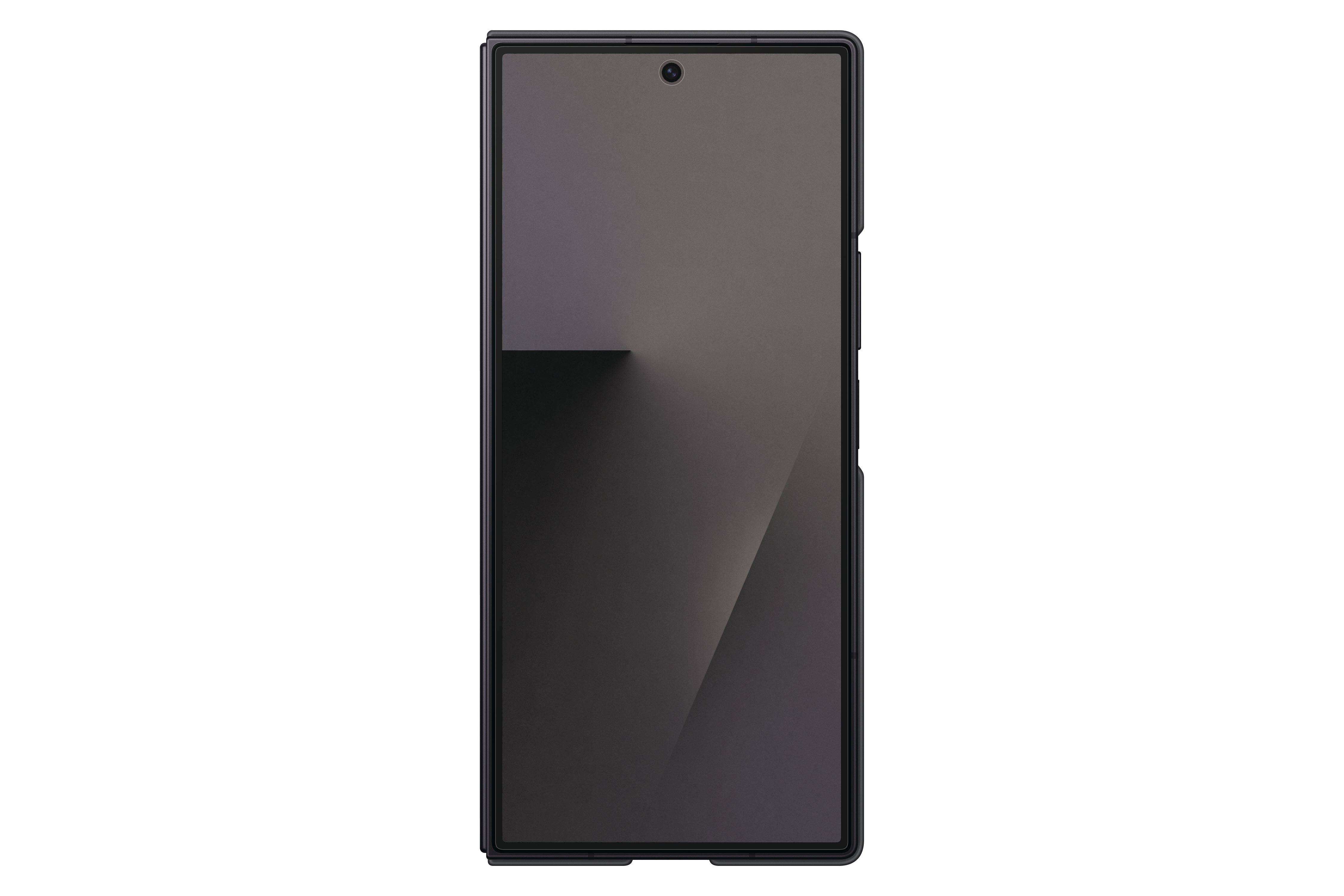 Ein schwarzes Smartphone steht vor weißem Hintergrund. Es hat eine Kamera oben und einen dunklen Bildschirm.