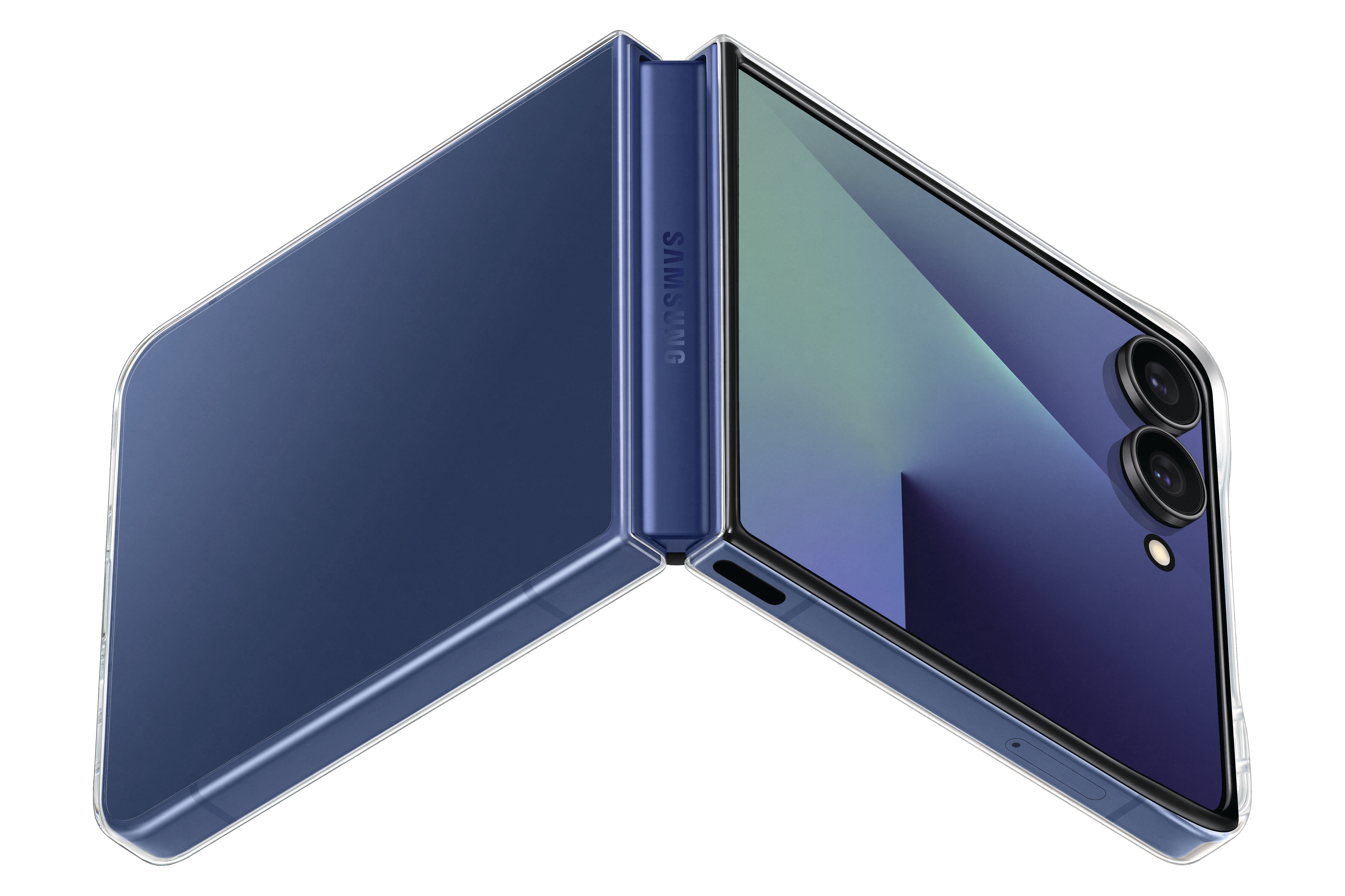 Ein blaues, teilweise geöffnetes faltbares Samsung-Handy vor weißem Hintergrund. Es hat zwei Kameras und eine transparente Hülle.
