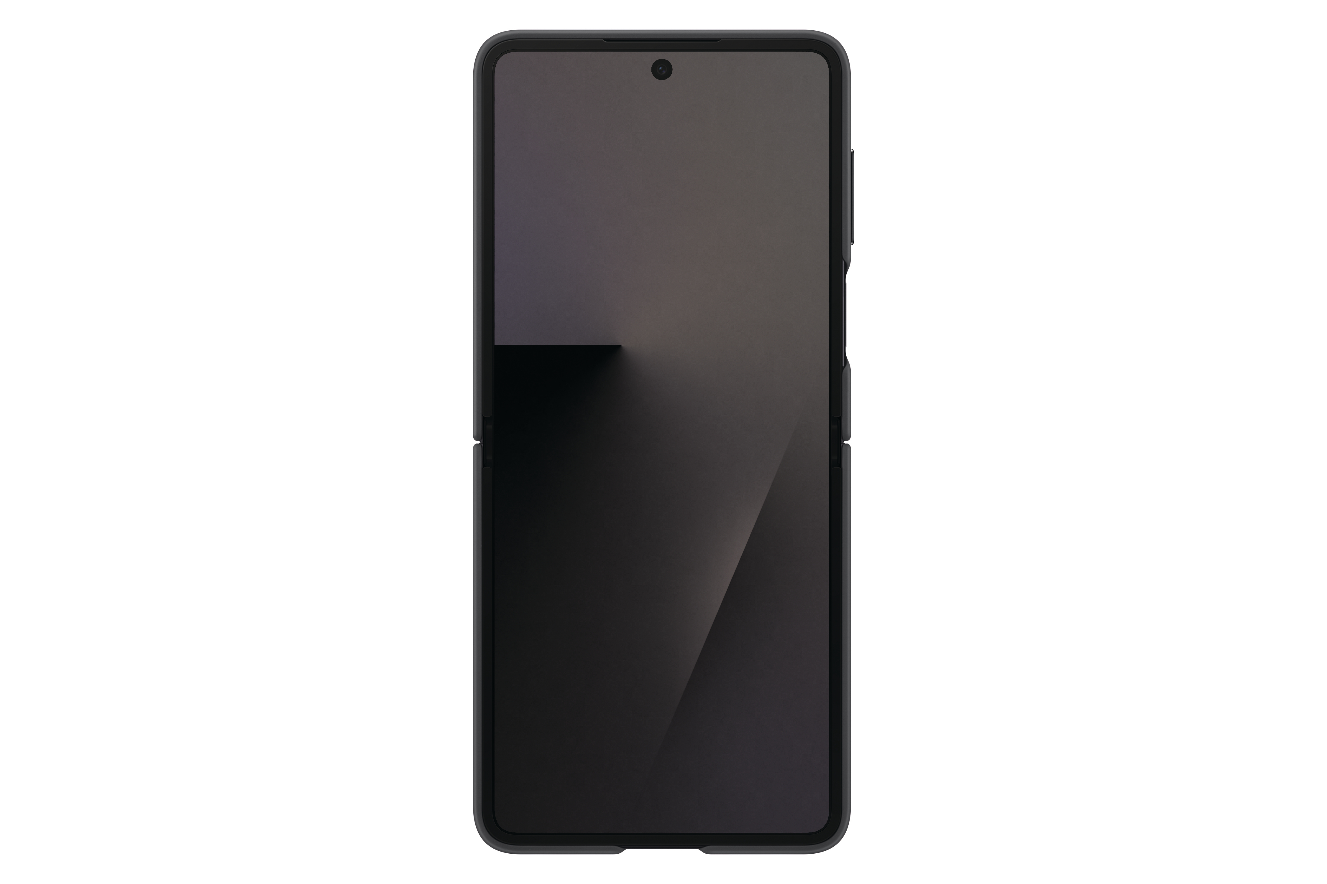 Ein schwarzes, faltbares Smartphone vor weißem Hintergrund. Der Bildschirm ist schwarz, mit einer kleinen Kamera in der Mitte.