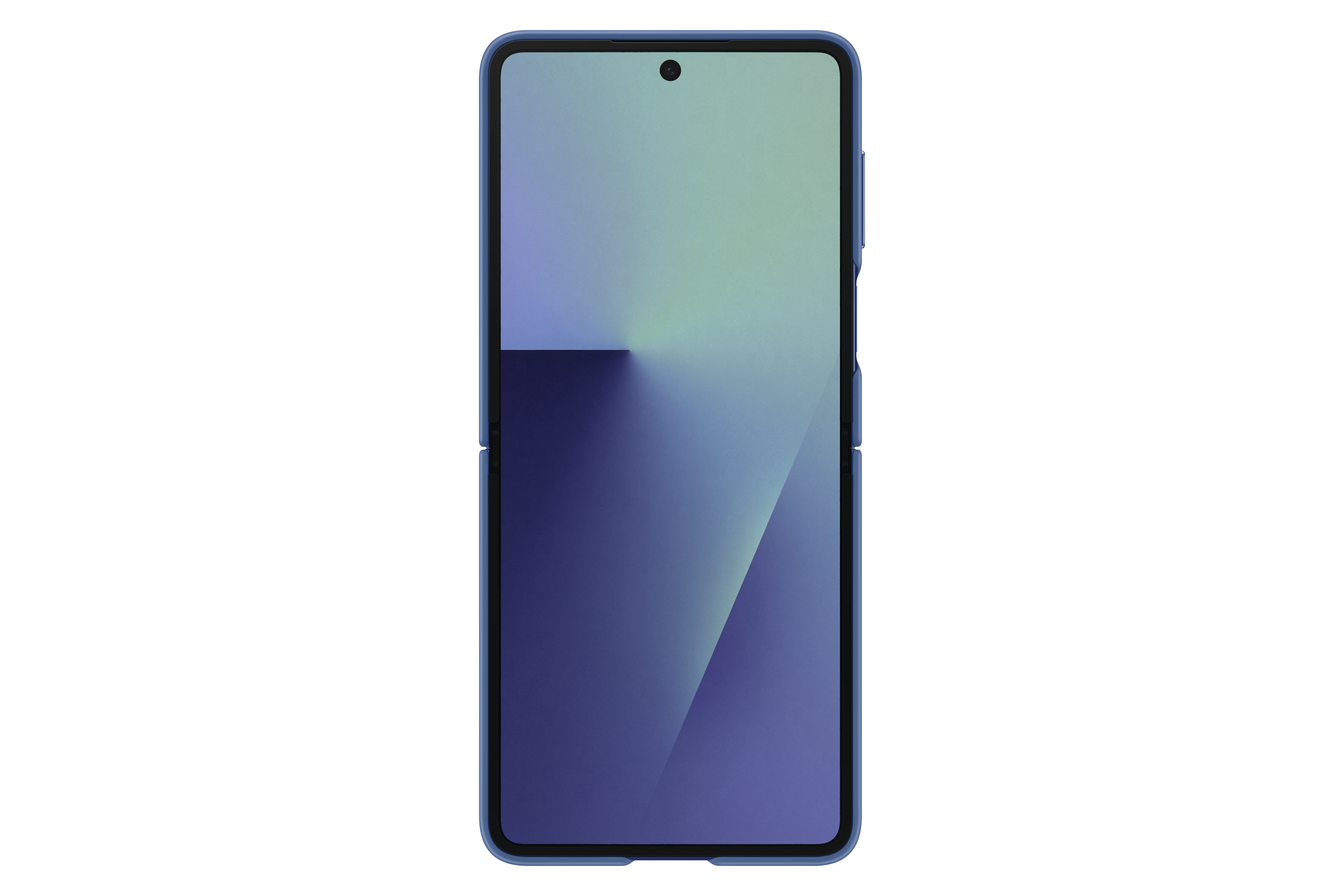 Ein blaues Smartphone wird offen gezeigt. Der Bildschirm zeigt einen Farbverlauf aus Blau und Grün. Weißer Hintergrund.