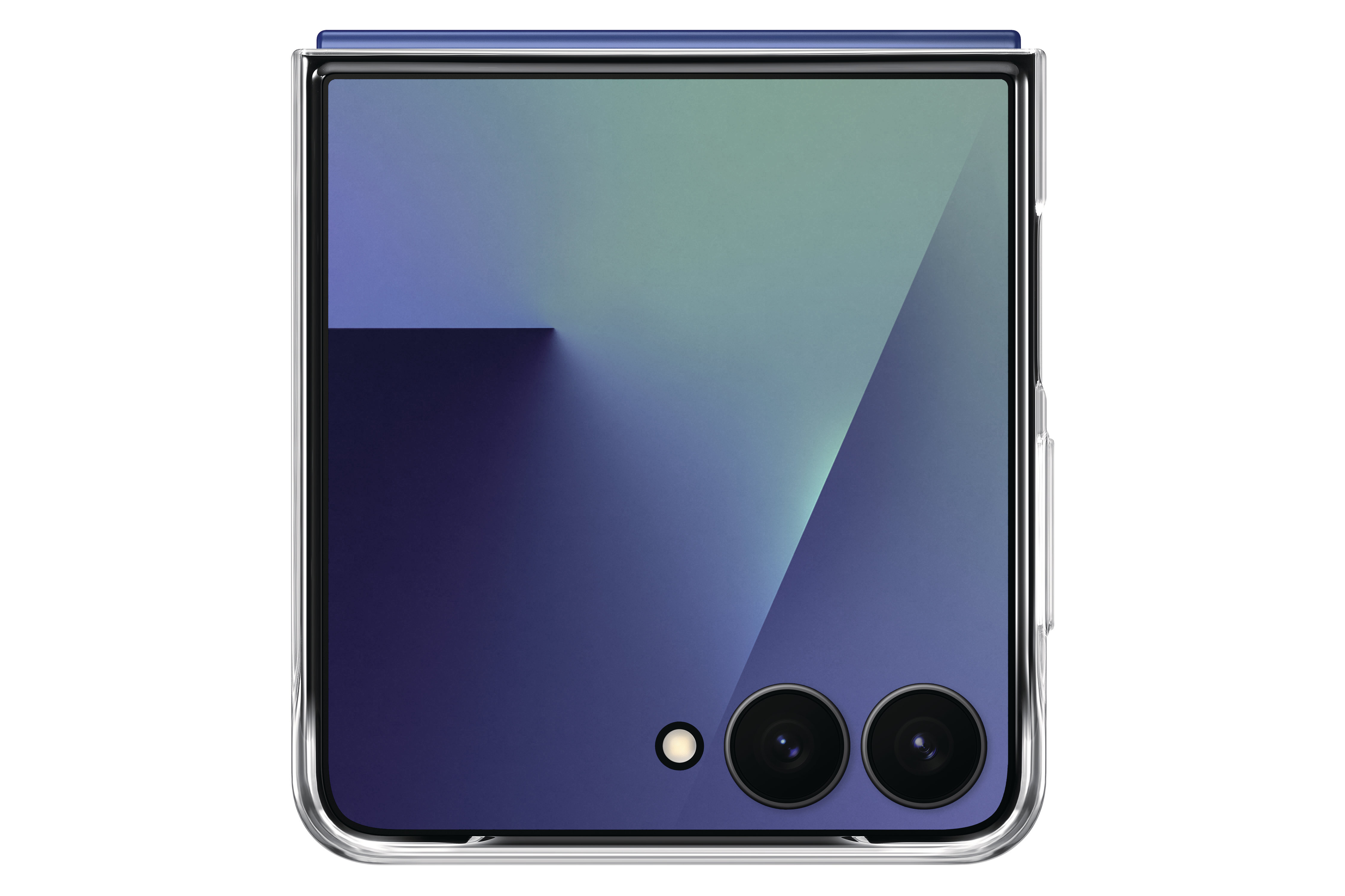 Ein zusammengeklapptes Smartphone mit blau-grünem Farbverlauf. Zwei Kameralinsen und ein Blitz sind sichtbar.