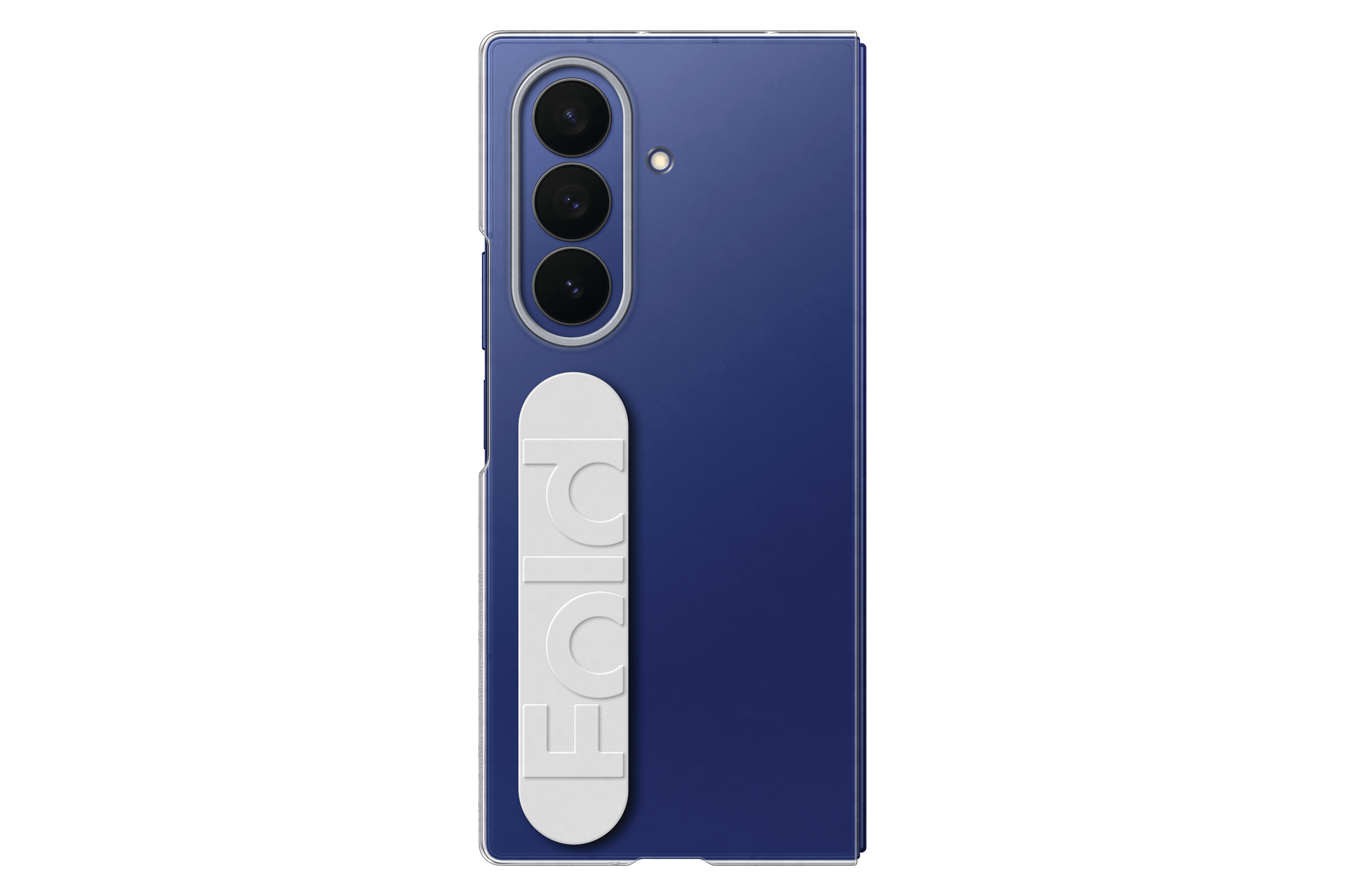 Blaues Smartphone mit weißem Halter mit FOLD-Schriftzug. Oben drei Kameras und ein Blitz.