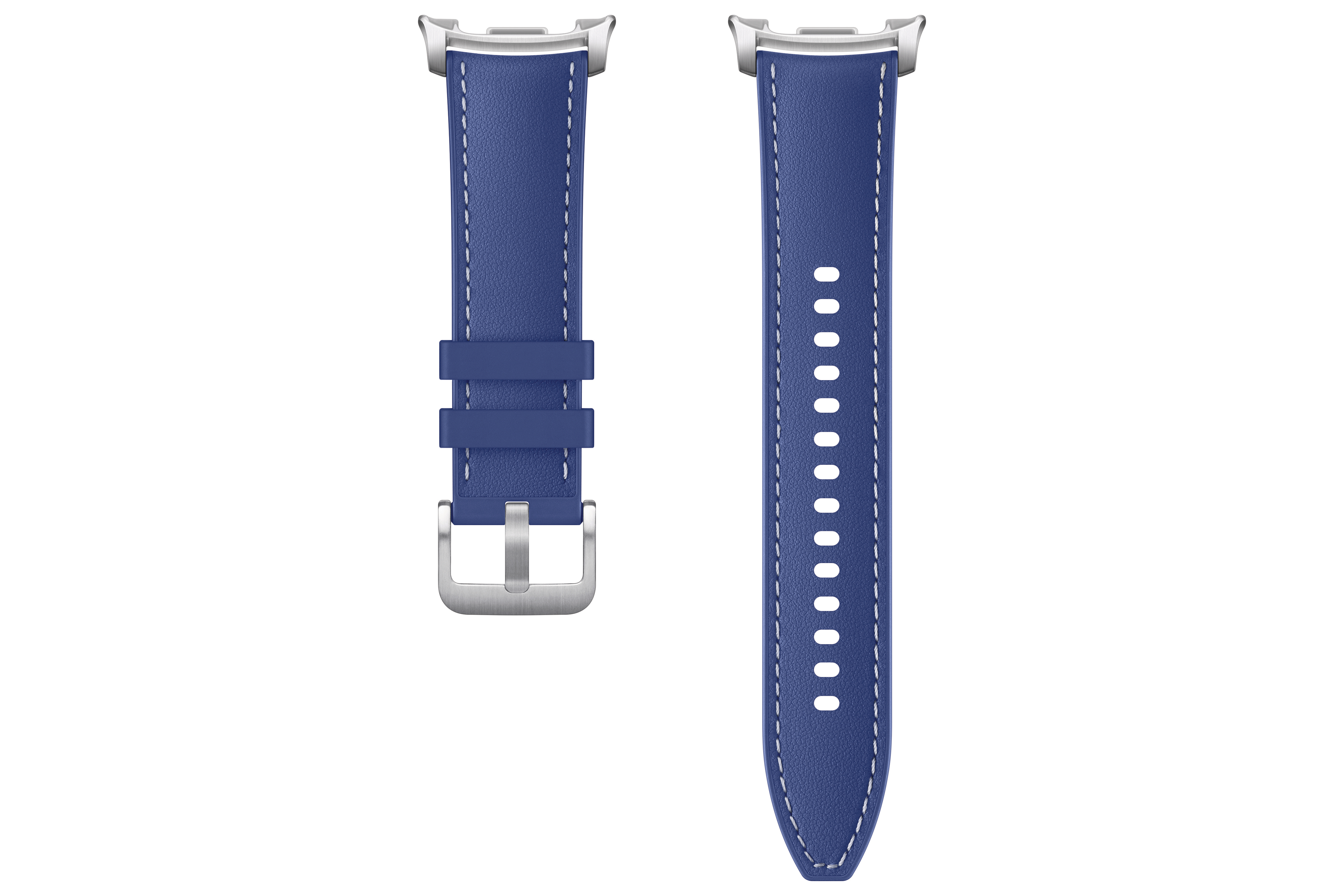 Zwei blaue Lederarmbänder mit weißen Nähten und silbernen Metallschnallen, vor weißem Hintergrund.