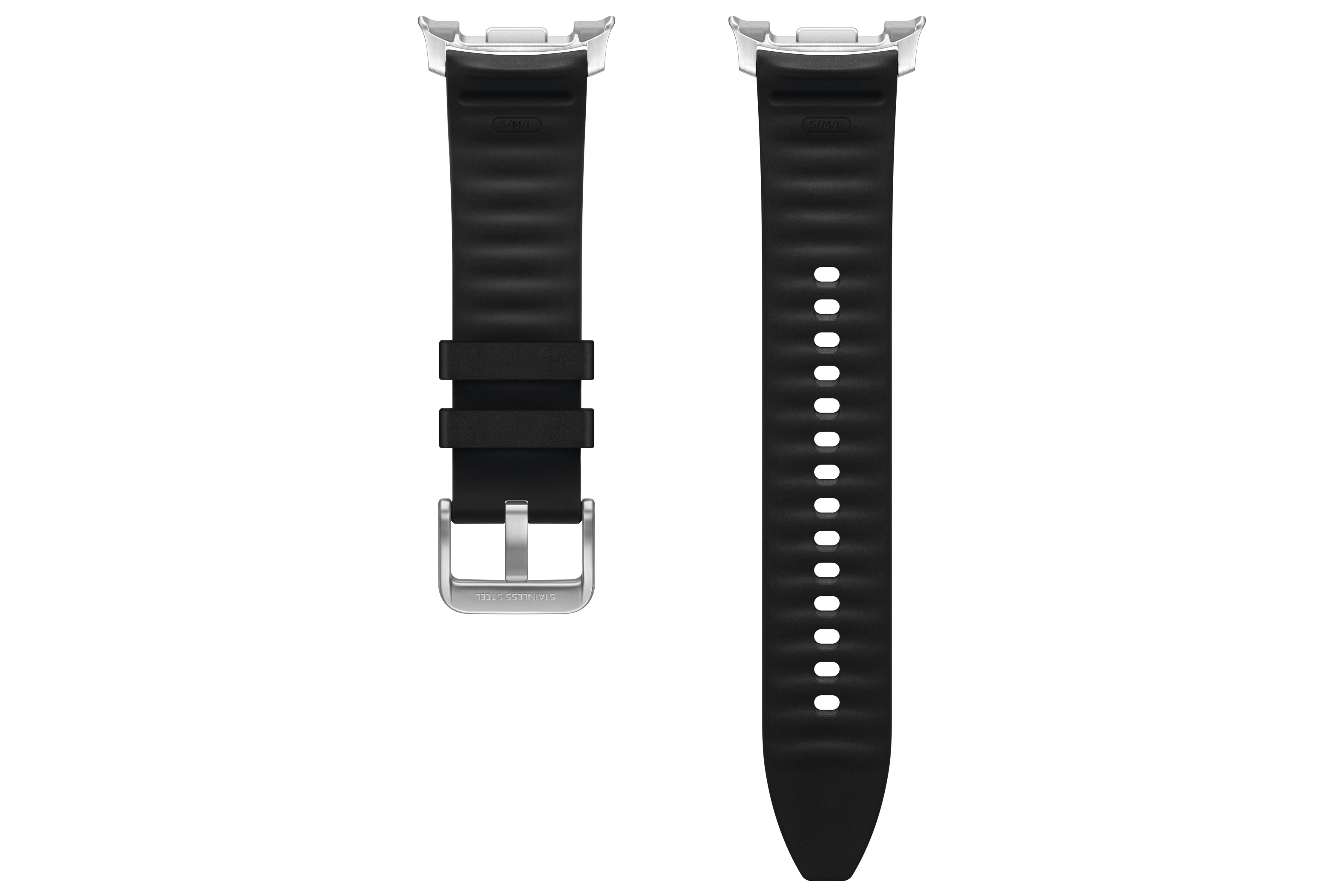 Zwei schwarze Uhrenarmbänder mit silbernen Aufsätzen. Eines hat eine Schnalle. Der Hintergrund ist weiß.