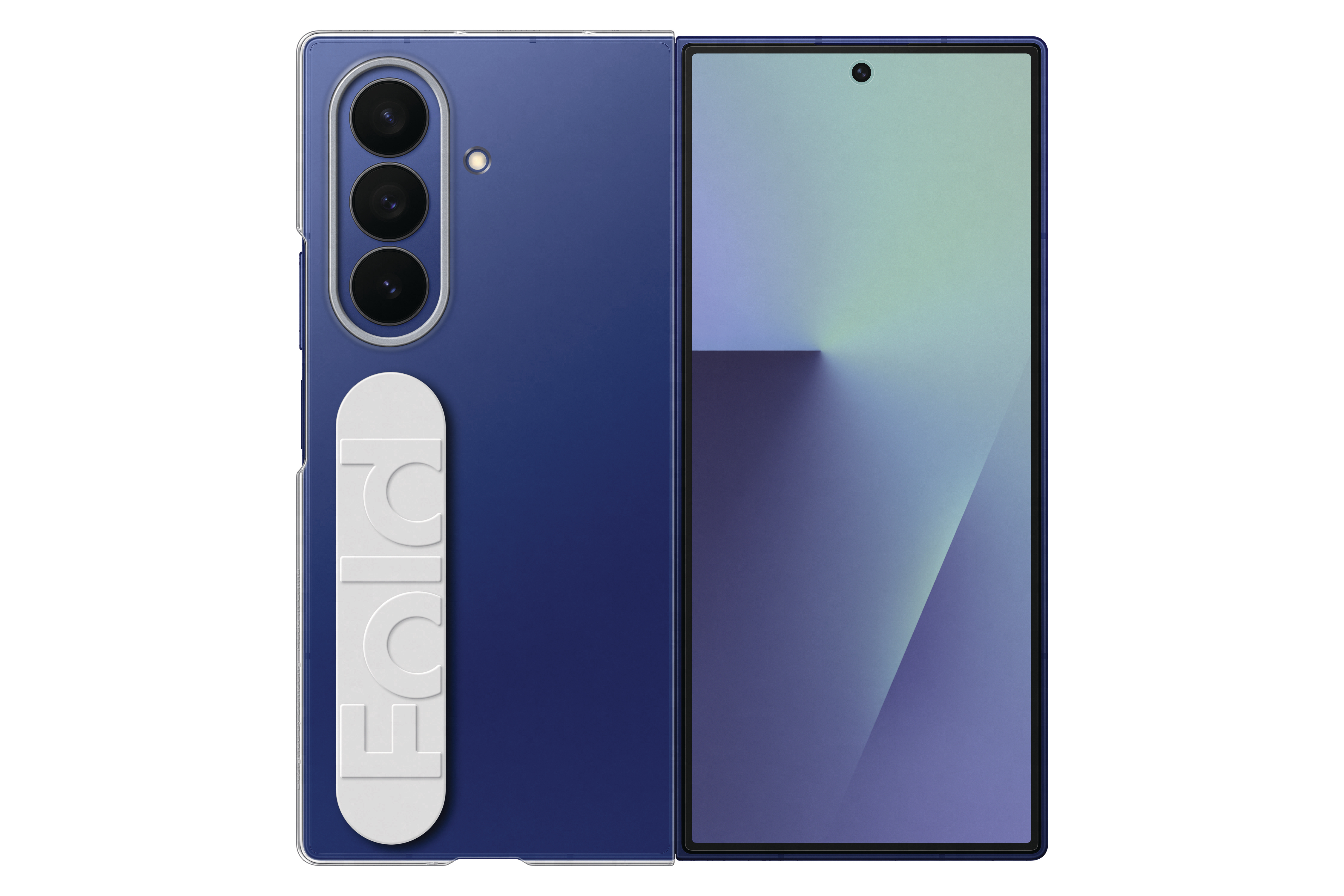 Ein blaues faltbares Telefon ist geöffnet. Die Außenseite hat drei Kameraobjektive. Der Innenschirm ist hellblau.