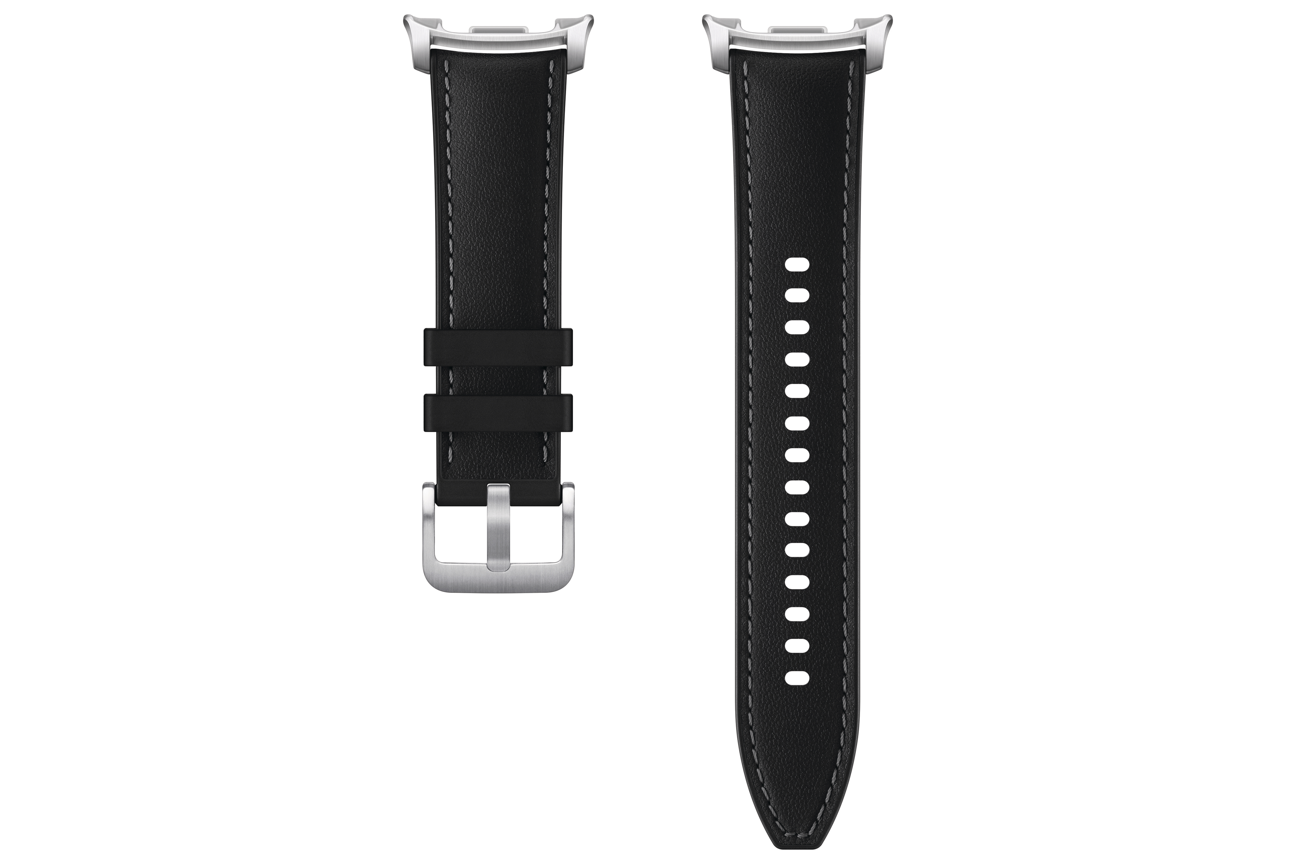 Schwarzes Lederarmband mit silberner Metallschnalle und -befestigungen, weißer Hintergrund.