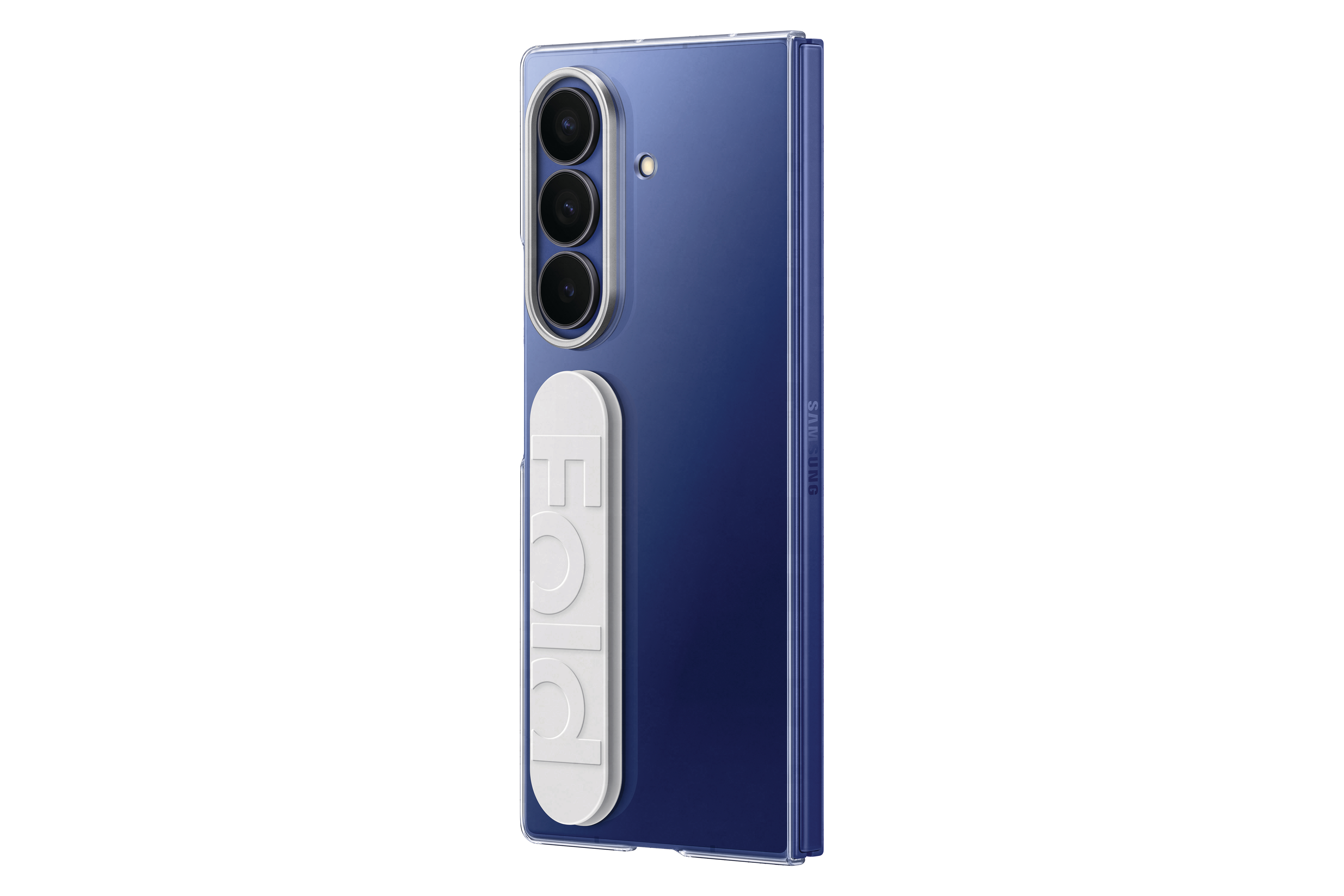 Ein blaues Samsung-Telefon. Es hat drei Kameras und einen weißen Halter mit der Aufschrift FOLD. Das Telefon befindet sich in einer transparenten Hülle.