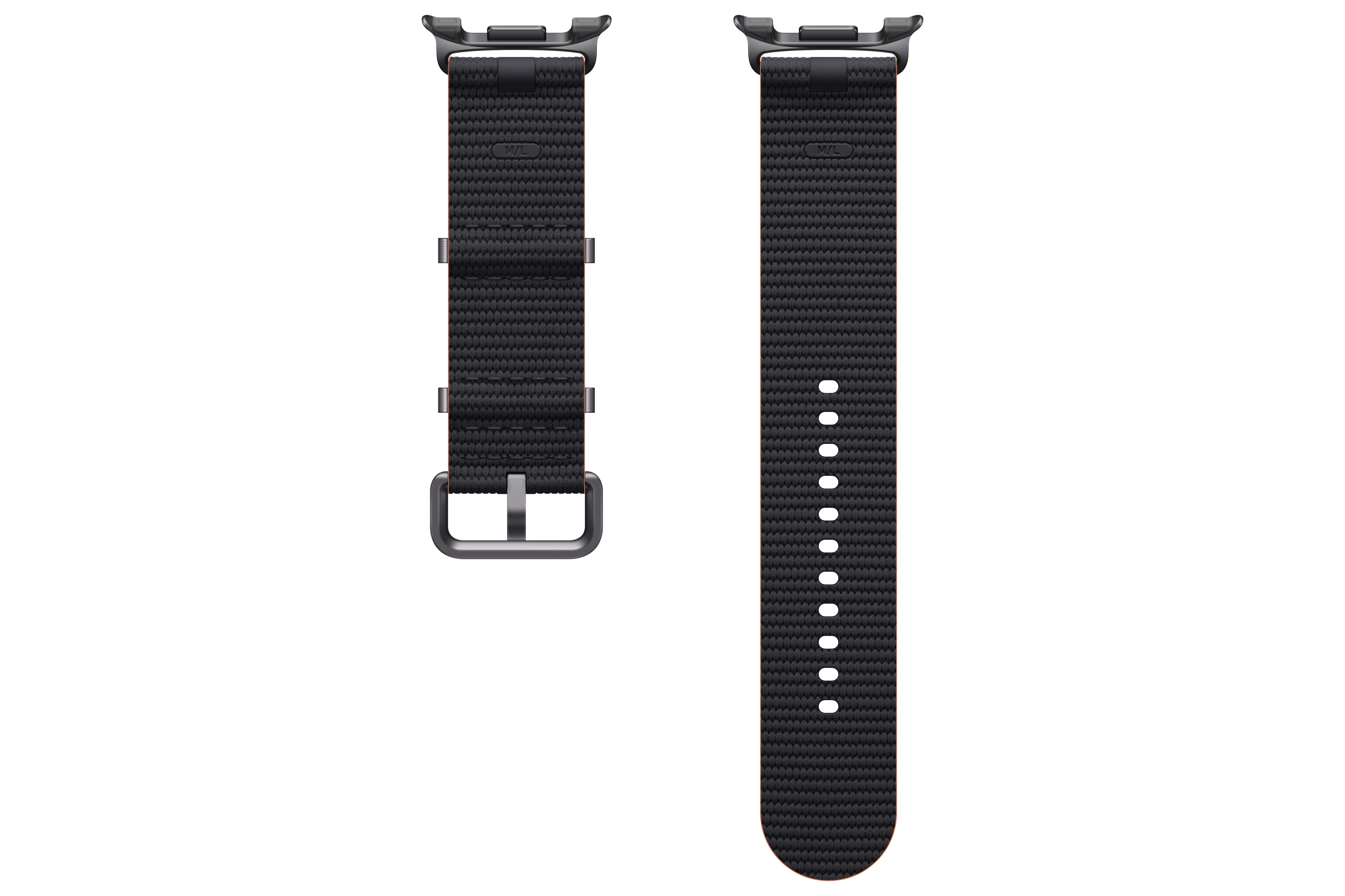 Zweiteiliges schwarzes Uhrenarmband mit Schnalle und Löchern, vor weißem Hintergrund. Das Band ist aus Stoff.