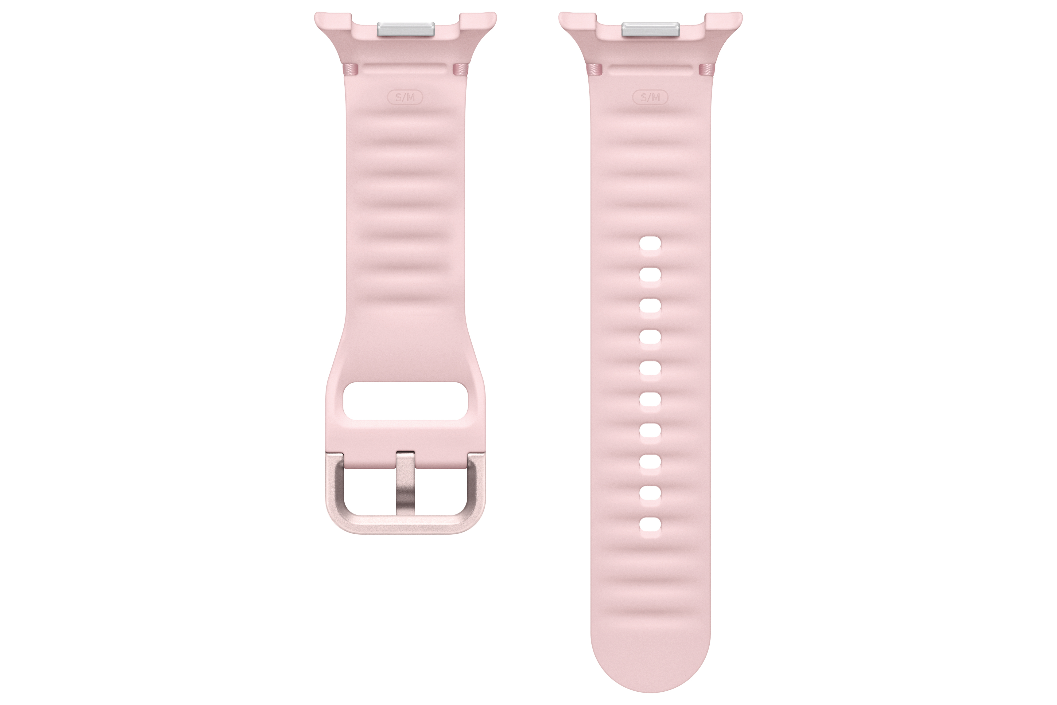 Zwei rosa Uhrenarmbänder. Eines hat eine Schnalle, das andere Löcher zur Anpassung. Beide sind Größe S/M und auf weißem Hintergrund.