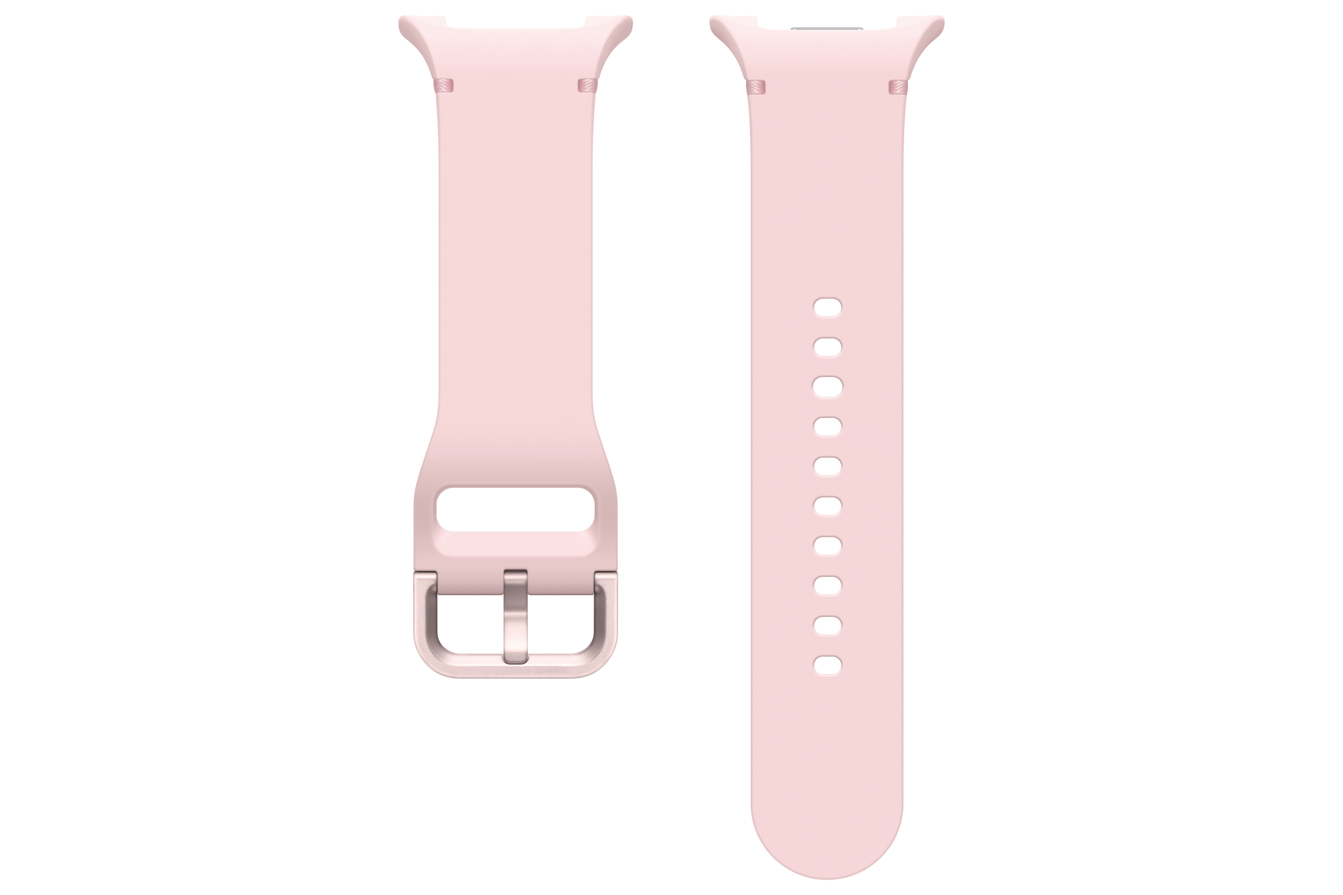 Zwei hellrosa Uhrenarmbänder vor weißem Hintergrund. Eines mit Schnalle, das andere mit Löchern.