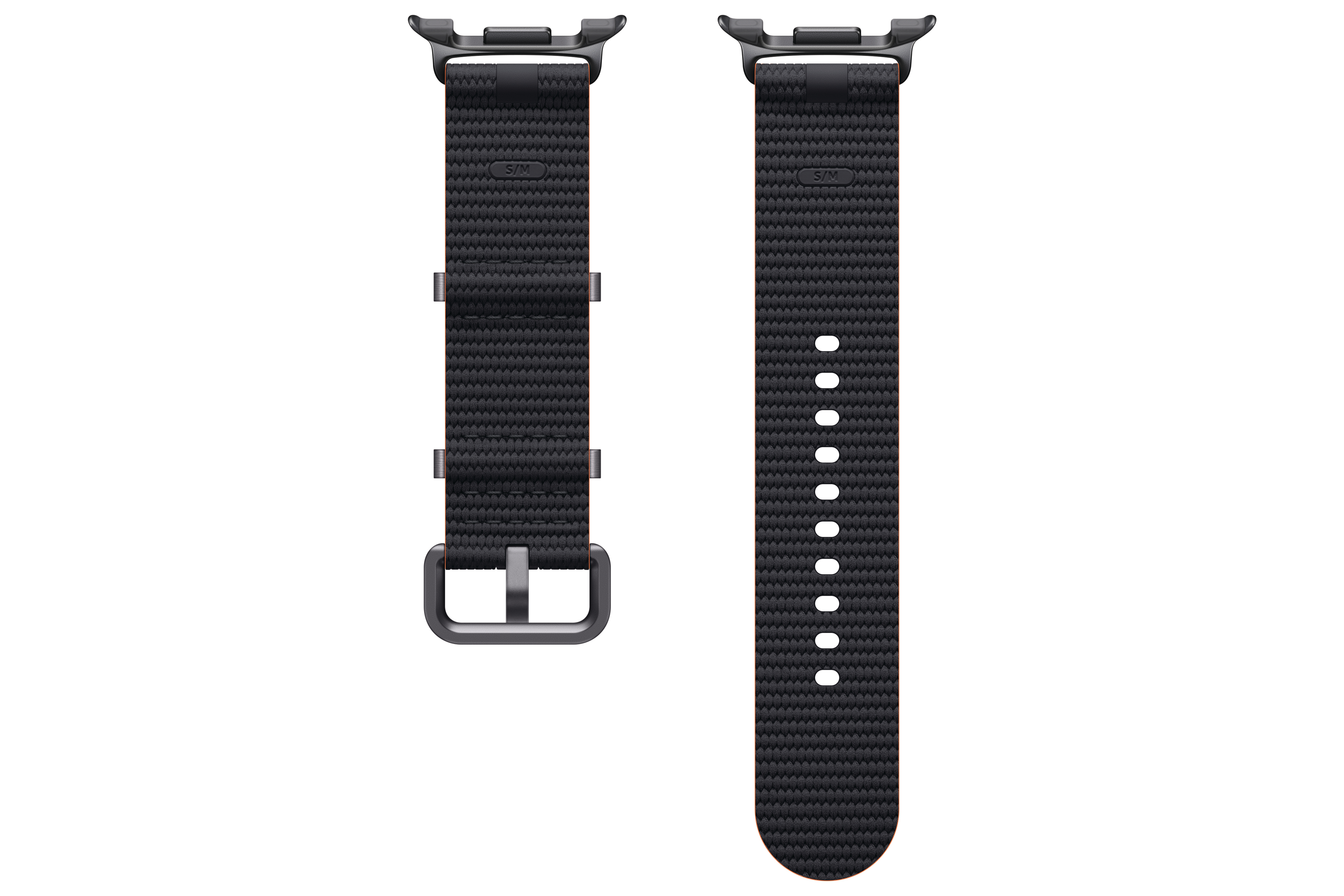 Zwei schwarze Uhrenarmbänder mit Metallschnallen und strukturiertem Stoff. Eines hat Löcher, das andere eine Schnalle.