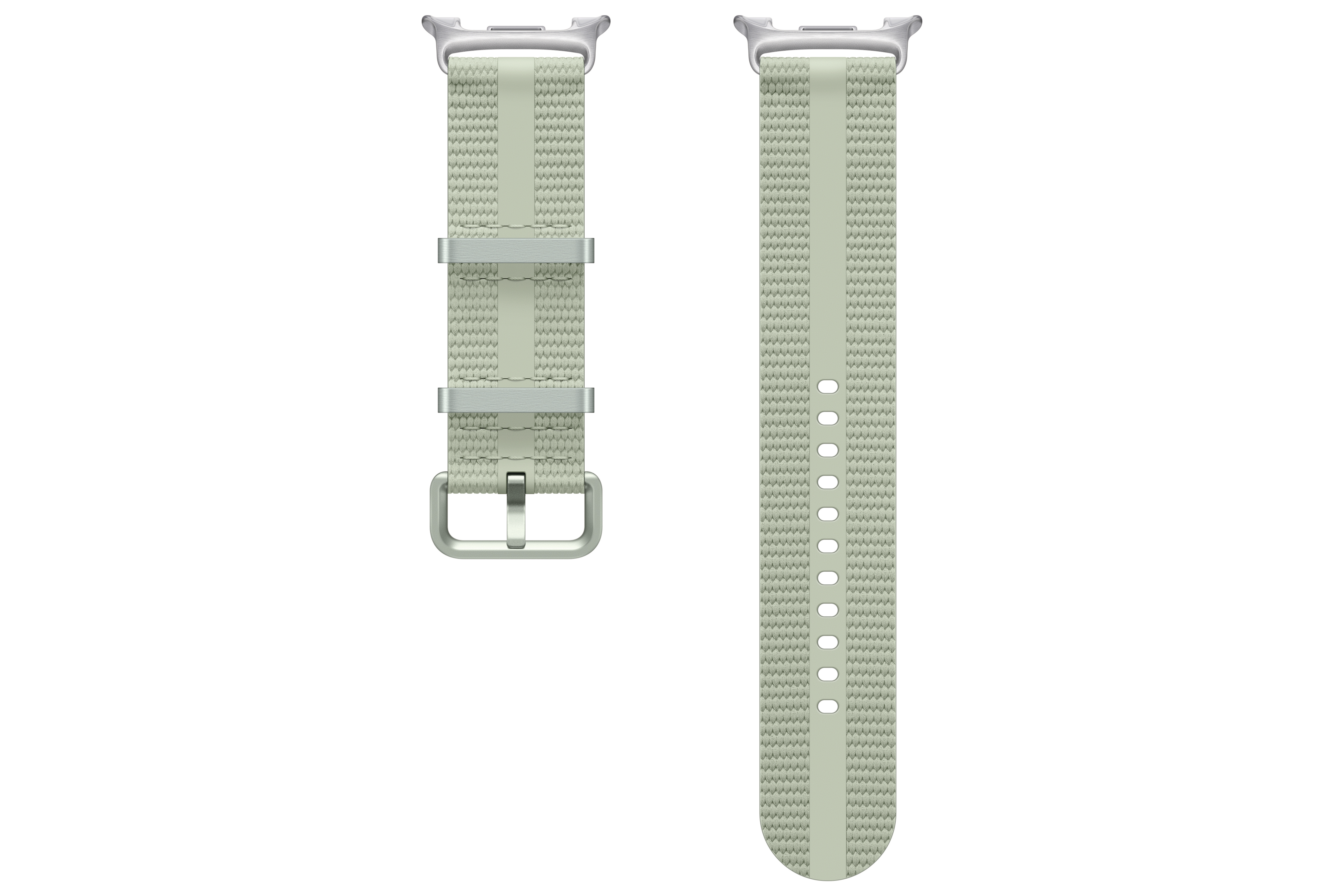 Zweiteiliges Uhrenarmband mit hellgrün gewebtem Armband, silberner Hardware und einer Schnalle, vor weißem Hintergrund.
