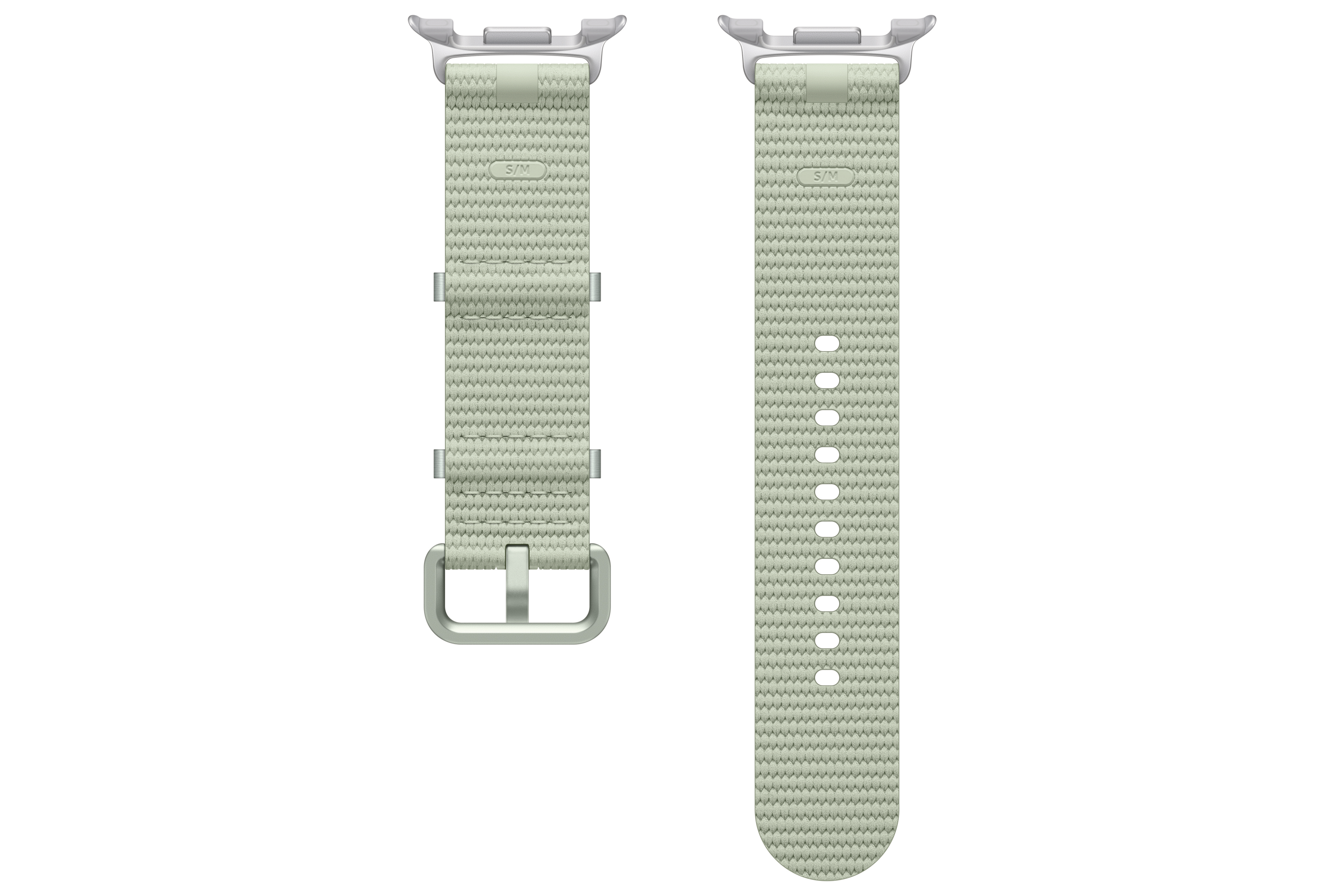 Zwei hellgrüne Armbänder mit silbernen Verschlüssen. Ein Band ist geschnallt. Ein anderes hat Löcher.