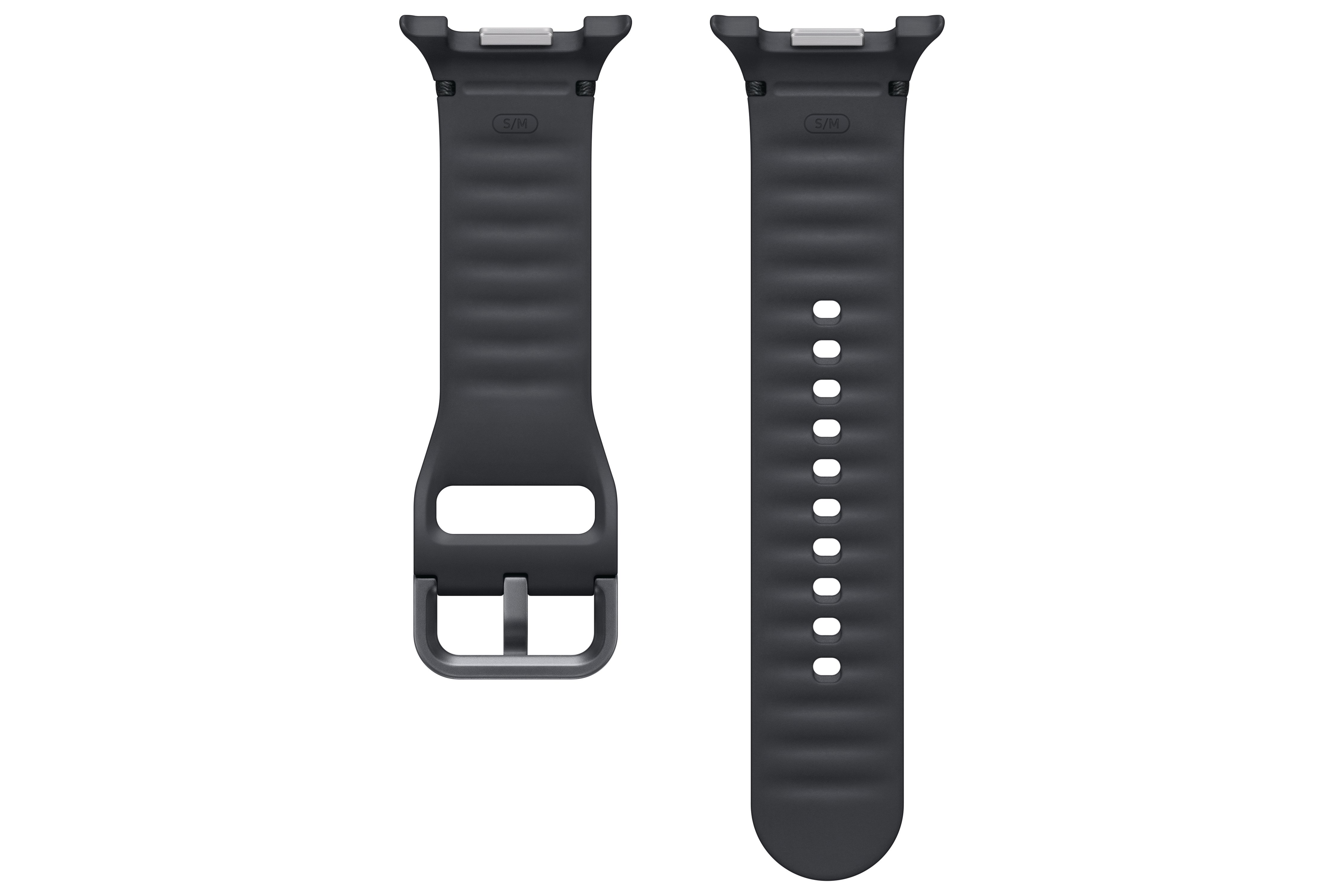 Zwei schwarze Uhrenarmbänder auf weißem Grund. Eines hat eine Schnalle, das andere Löcher.