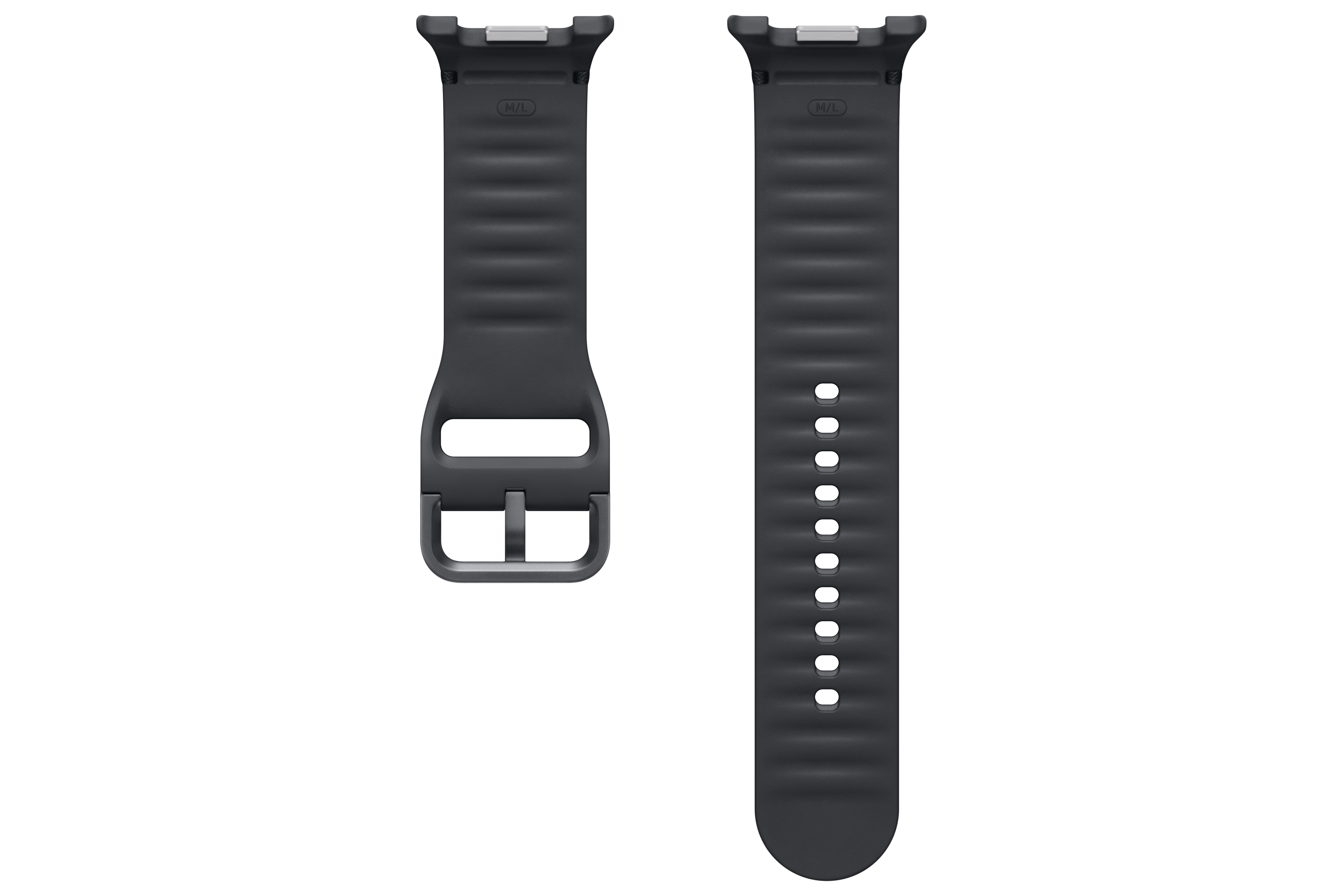 Zwei dunkelgraue Uhrenarmbänder auf weißem Hintergrund, eines mit Schnalle, das andere mit Löchern.