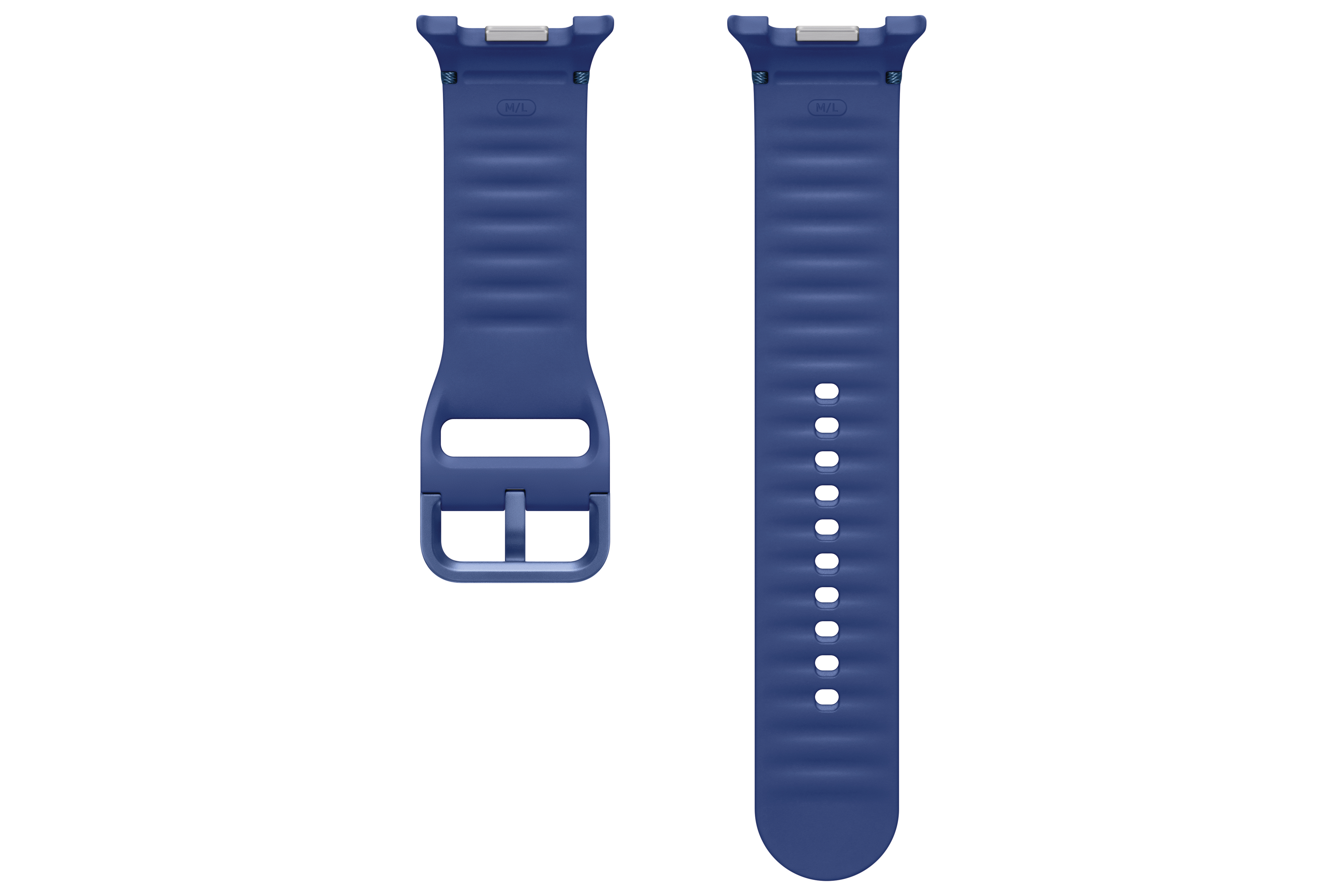 Zwei blaue Uhrenarmbänder auf weißem Hintergrund. Eines hat eine Schnalle, das andere Löcher.