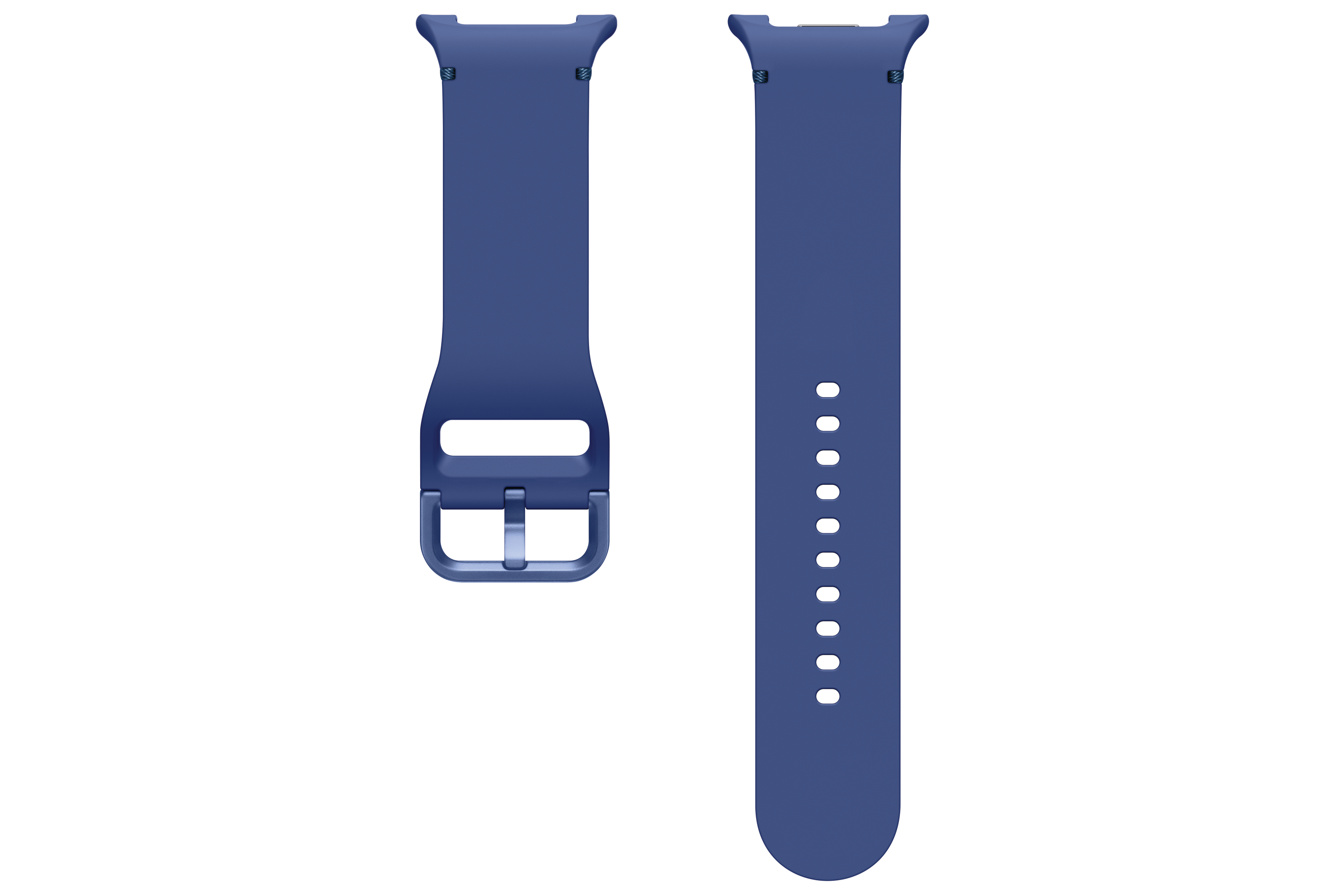 Zwei blaue Uhrenarmbänder auf weißem Grund. Eines hat eine Schnalle, das andere Löcher zur Anpassung.