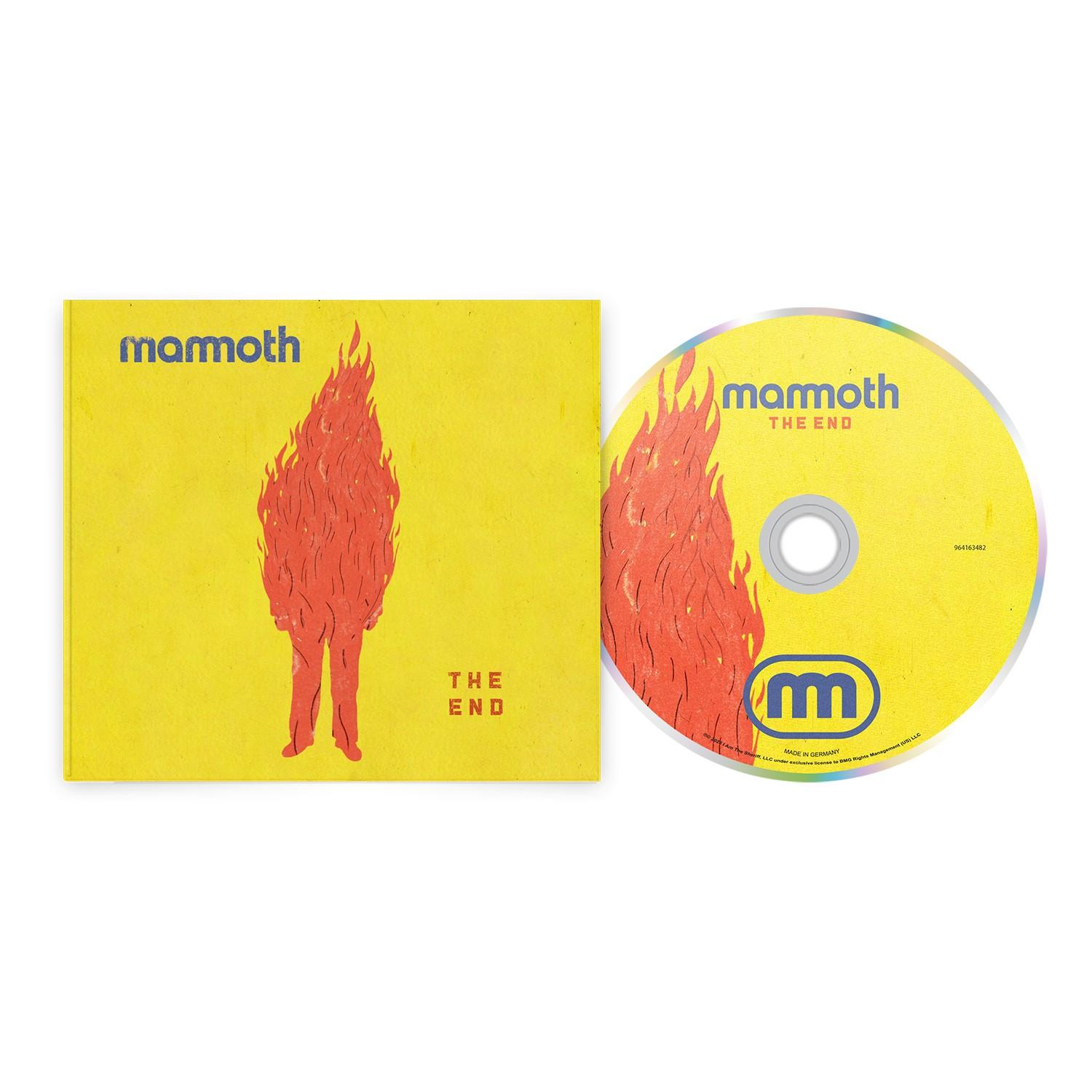 CD und Cover-Art für 'Mammoth The End'. Das Cover hat einen gelben Hintergrund mit einer flammenförmigen Figur. Die CD hat das gleiche Design.