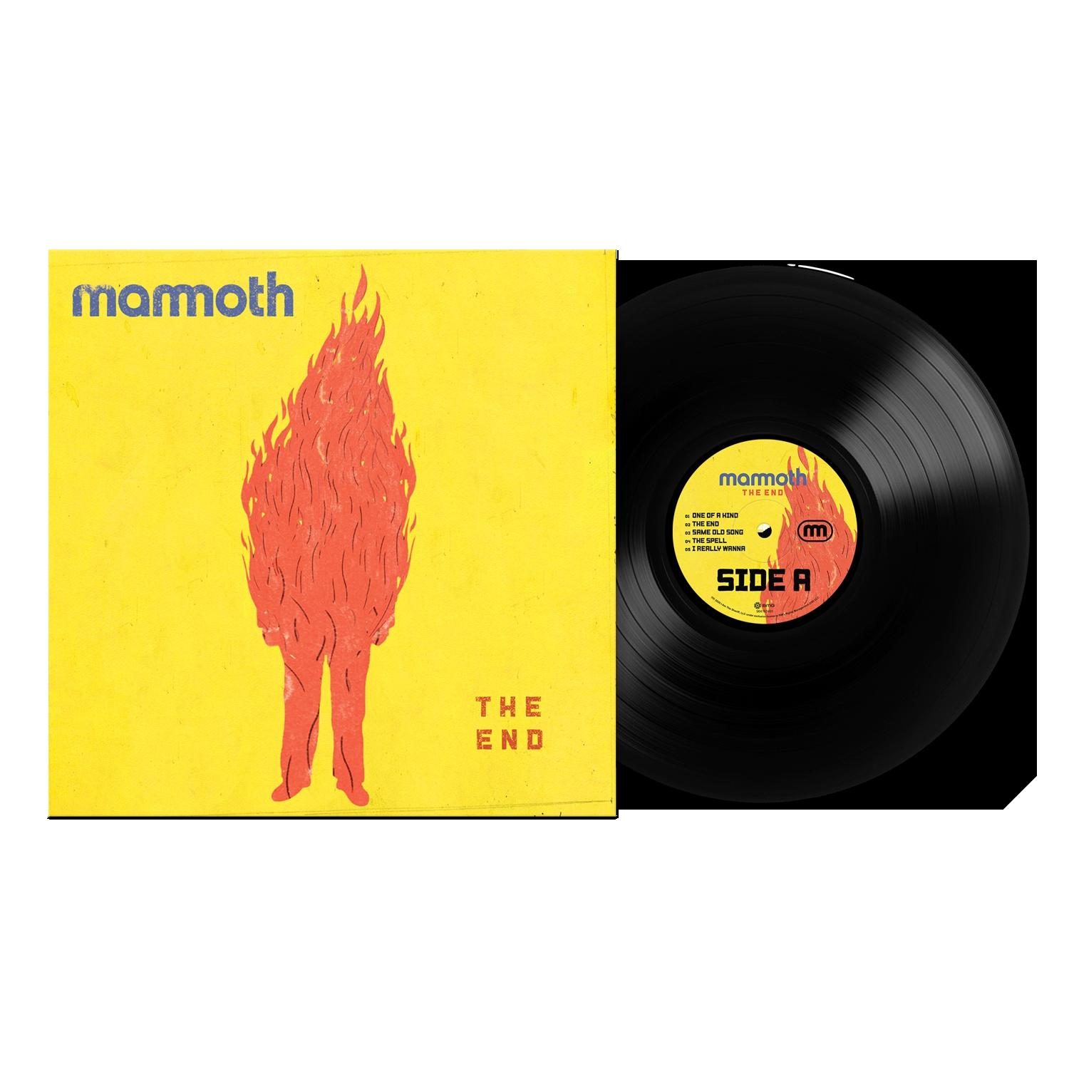Albumcover mit einer feurigen Figur auf gelbem Hintergrund. Schallplatte rechts. Das Album heißt 'Mammoth The End'.