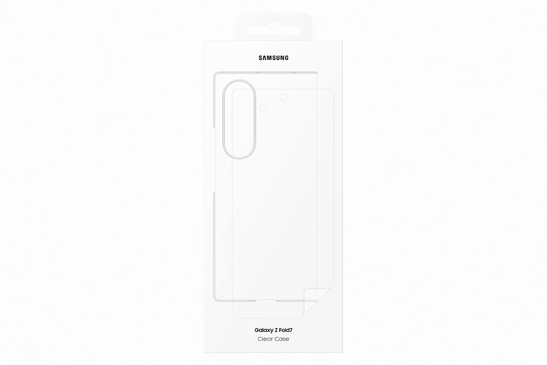 Egy átlátszó tok a Samsung Galaxy Z Fold7-hez egy fehér dobozban látható. A Samsung logója felül van, a tok körvonala látható.