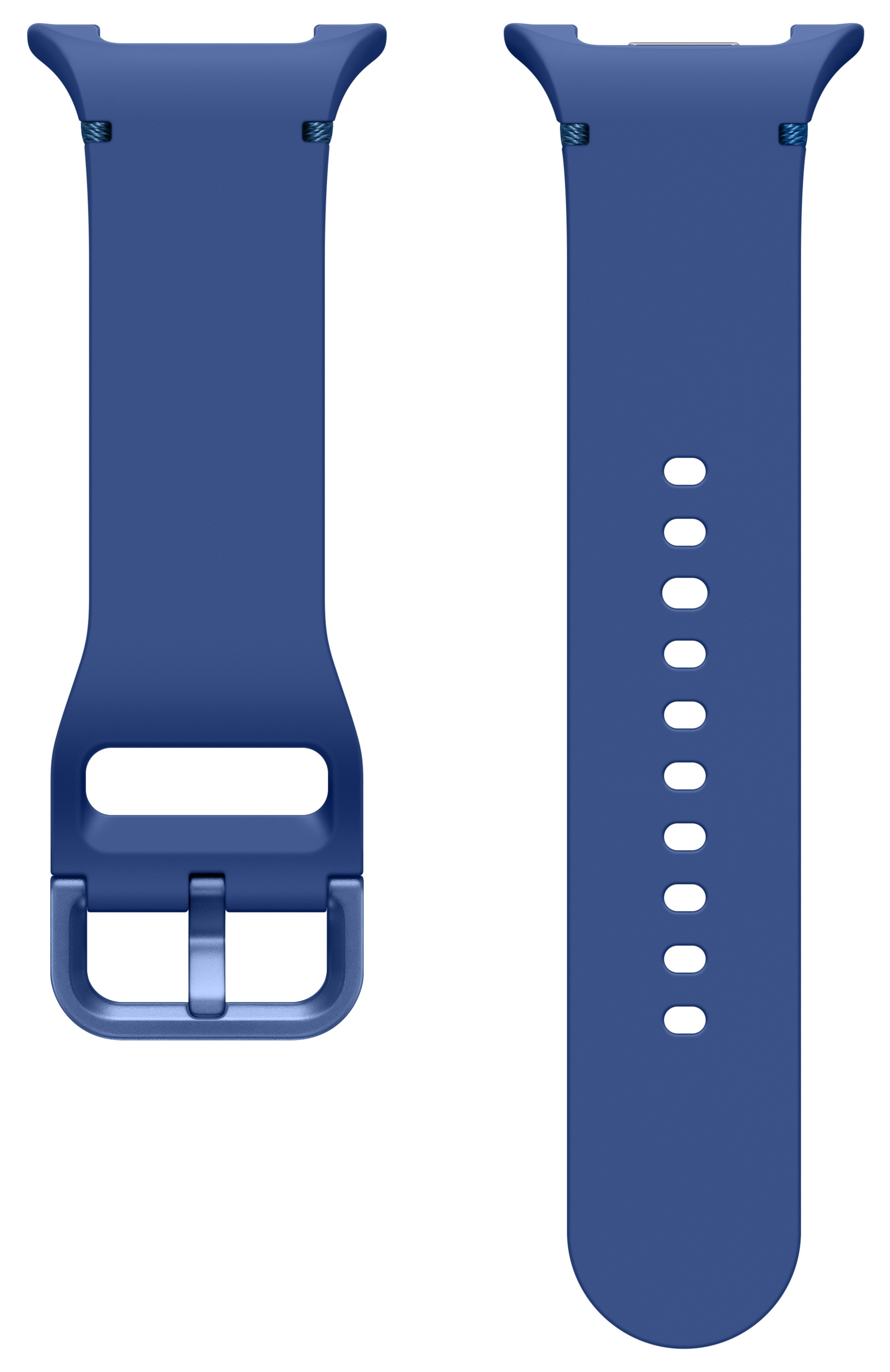 Dwa niebieskie paski do zegarka. Jeden ma dziury, drugi klamrę. Oba na białym tle.