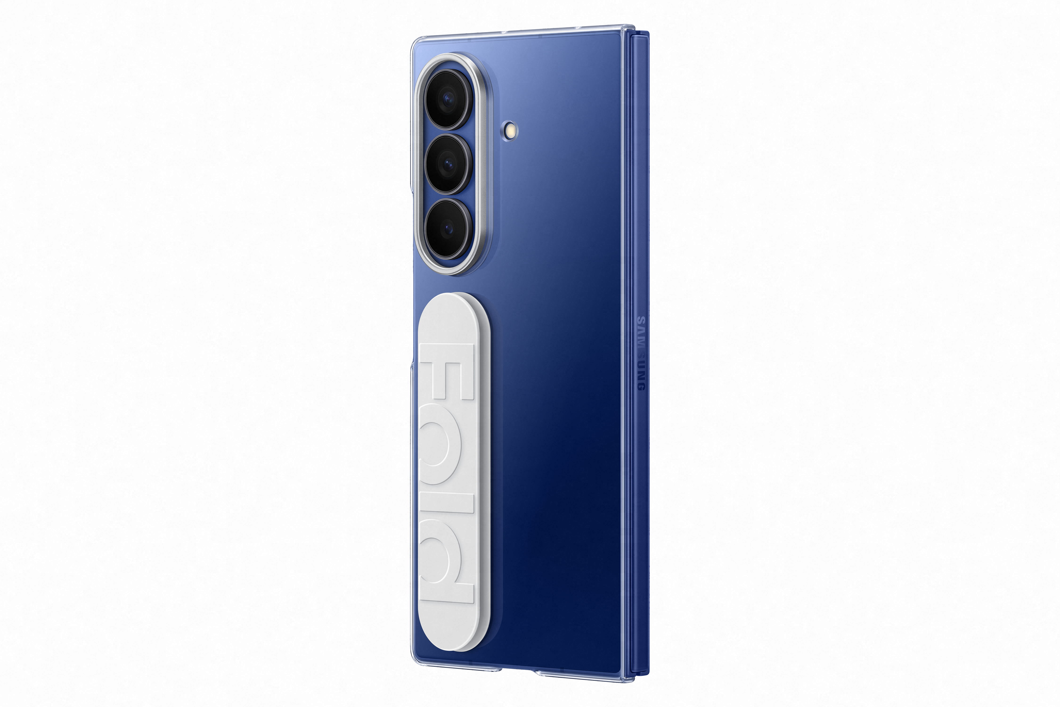 Egy kék Samsung telefon három kamerával. Van egy fehér kiegészítője a FOLD szóval.