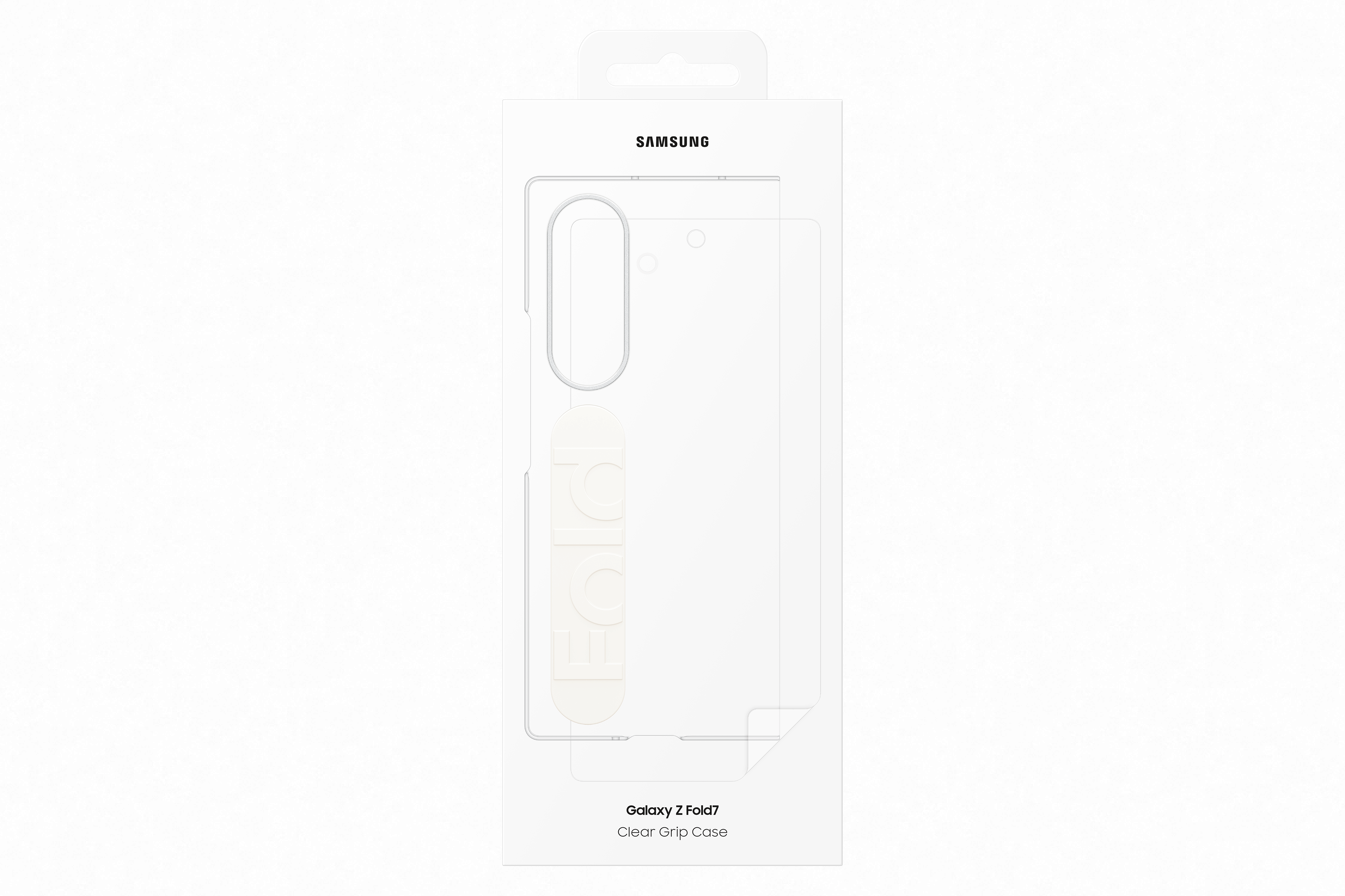 Fehér doboz Samsung logóval. Belül egy átlátszó telefontok a Galaxy Z Fold7-hez. A tokon van egy fogantyú.