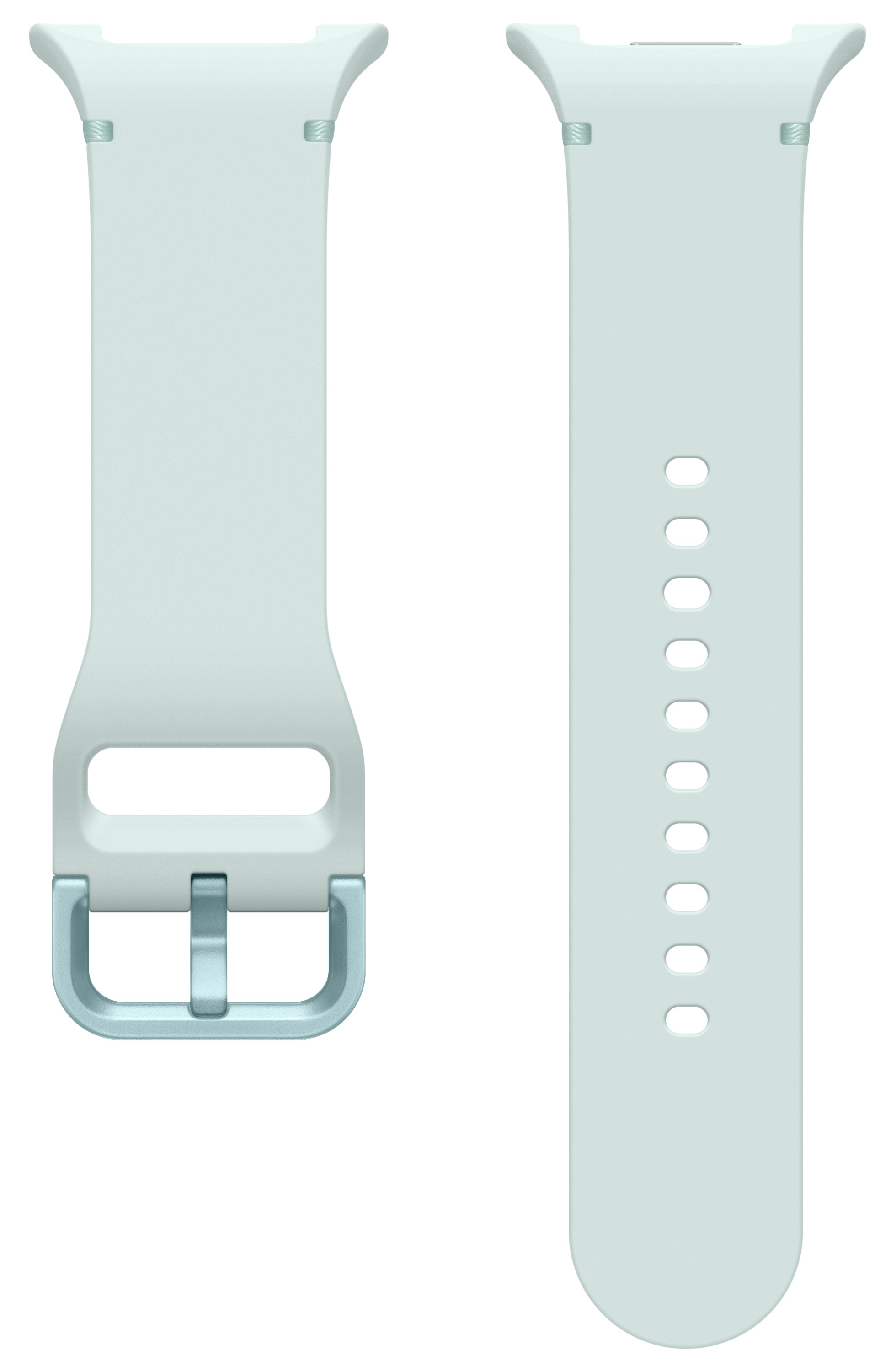 Dwa jasnoniebieskie paski do zegarka, jeden z klamrą, drugi z otworami, na białym tle.