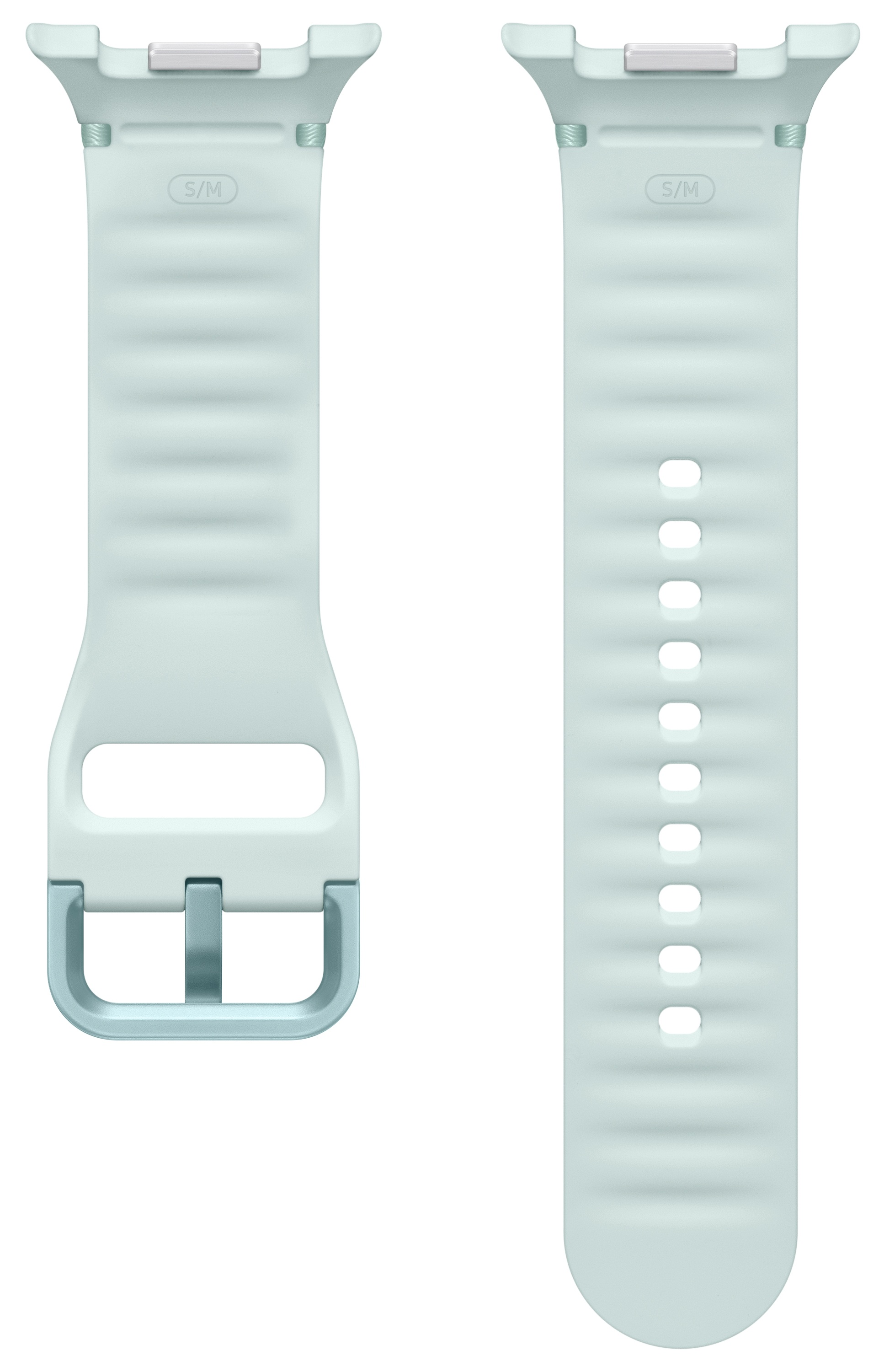 Dwa jasnoniebieskie paski do zegarków. Jeden ma klamrę, drugi otwory do regulacji. Oba mają grzbiety.